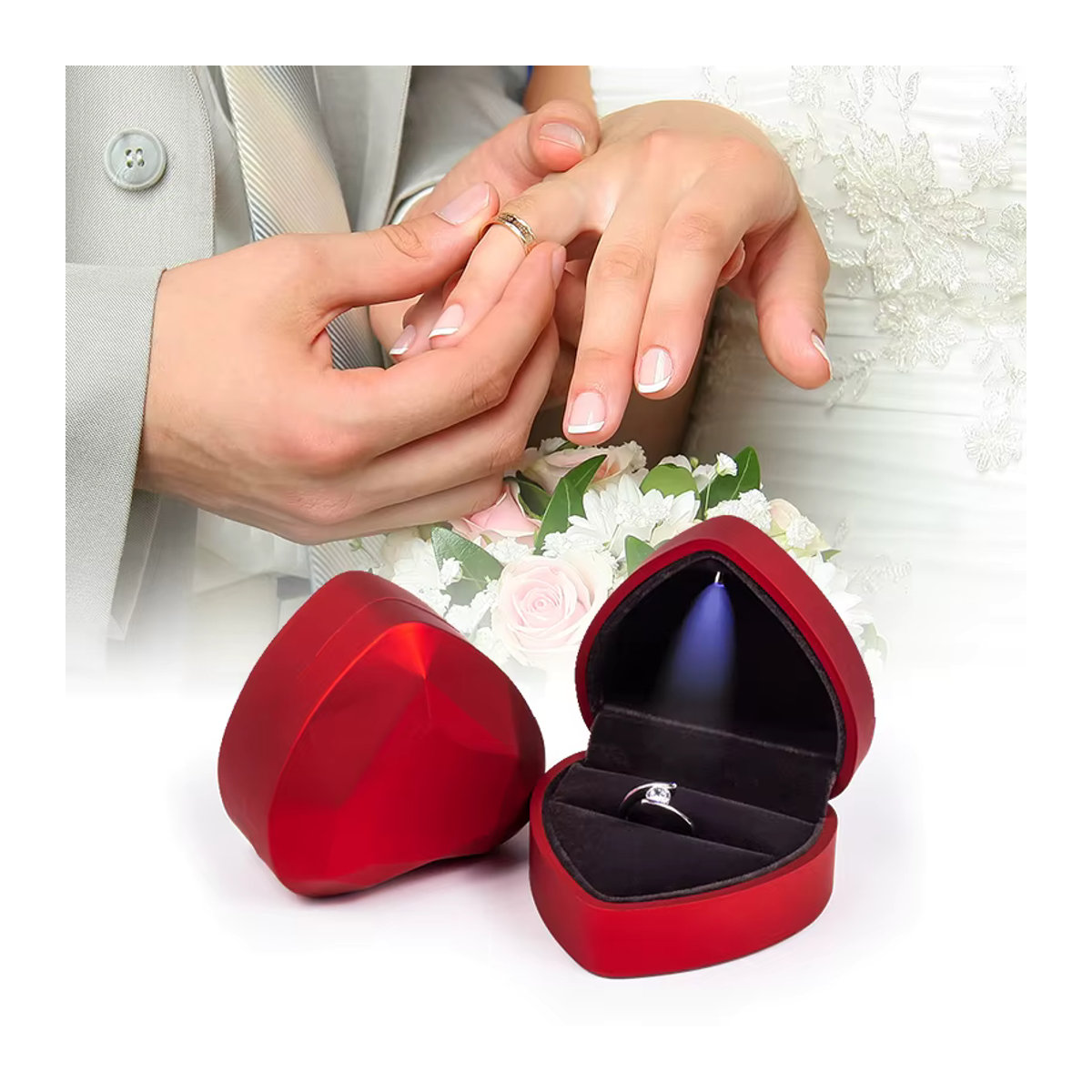 QIAO LED-Lichtringbox aus Samt in Gold für Schmuck-Display und Geschenke, quadratisch - Bild 4