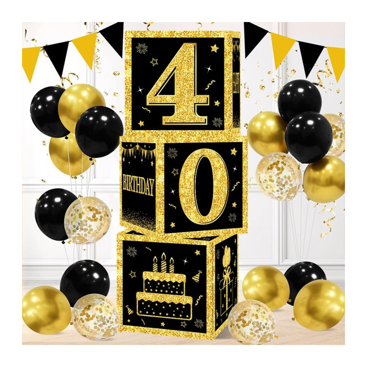 QIFU Geburtstag Party Dekoration Papier Box in Schwarz Gold mit Zahlen für Kinder und Erwachsene - Bild 1
