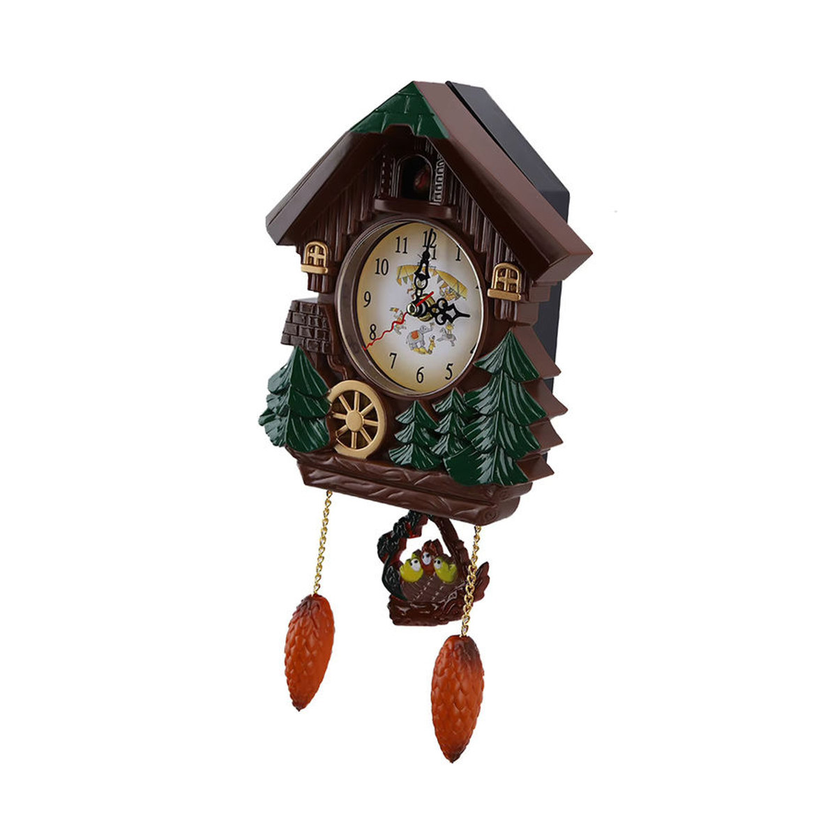 Qiilu Kuckucksuhr in Holzoptik als Vintage Wanduhr mit floralem Baum-Haus-Design in Braun - Bild 2