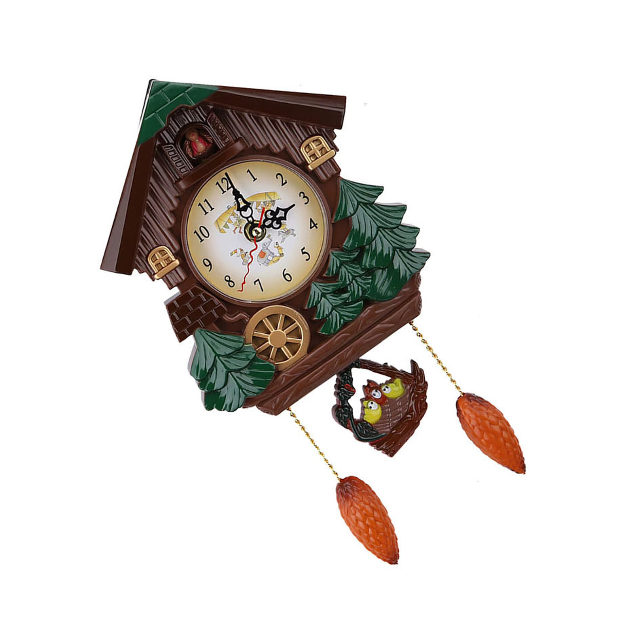 Qiilu Kuckucksuhr in Holzoptik als Vintage Wanduhr mit floralem Baum-Haus-Design in Braun - Bild 4