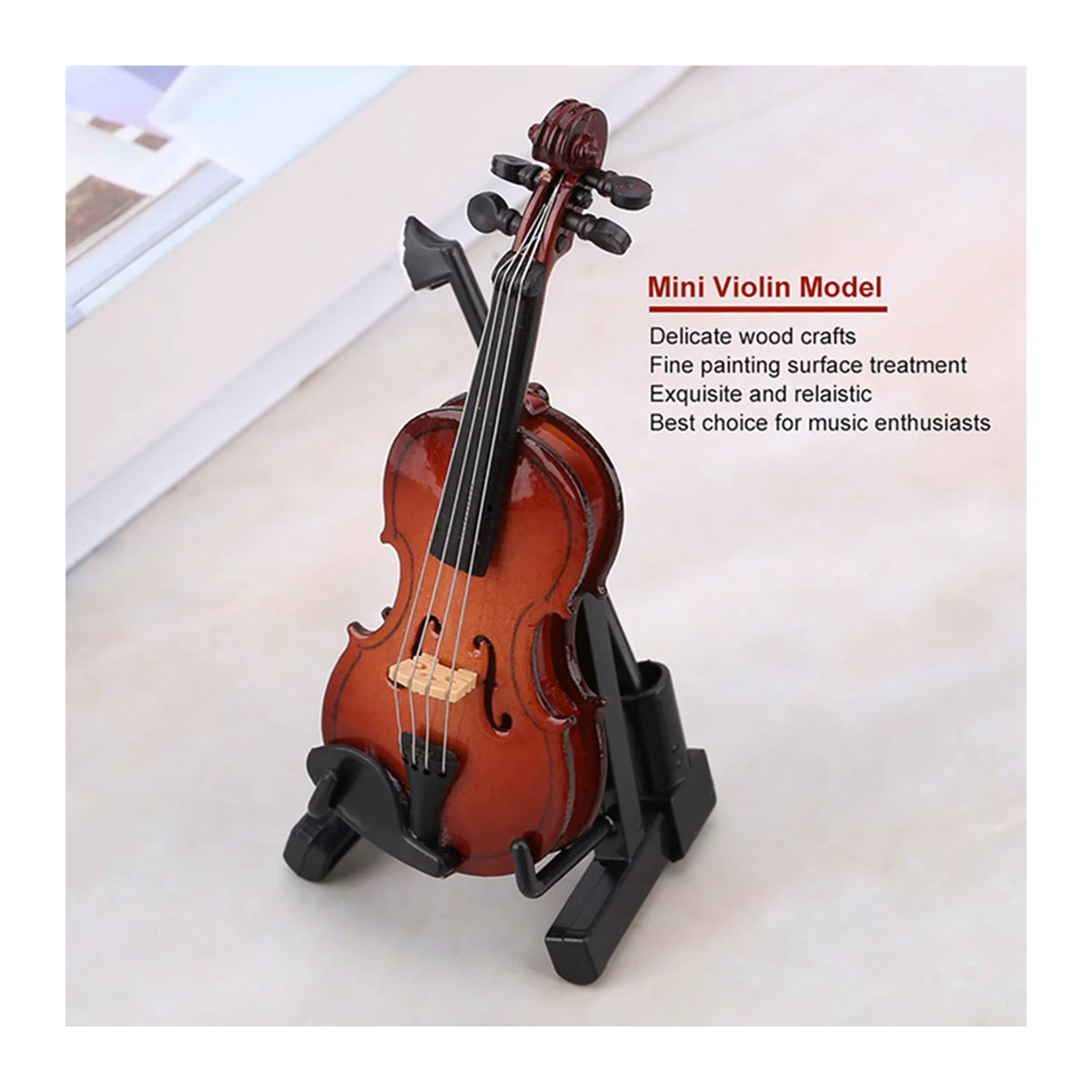 Qiilu Miniatur-Geigenmodell aus Holz in Braun mit Ständer und Gehäuse als Puppenhaus-Zubehör und dekoratives Musikinstrumentenmodell - Bild 2
