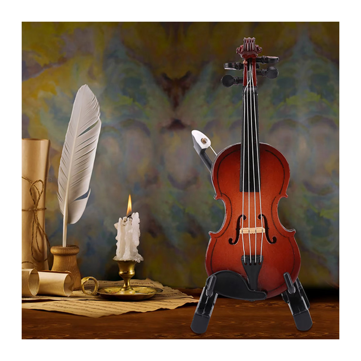 Qiilu Miniatur-Geigenmodell aus Holz in Braun mit Ständer und Gehäuse als Puppenhaus-Zubehör und dekoratives Musikinstrumentenmodell - Bild 3
