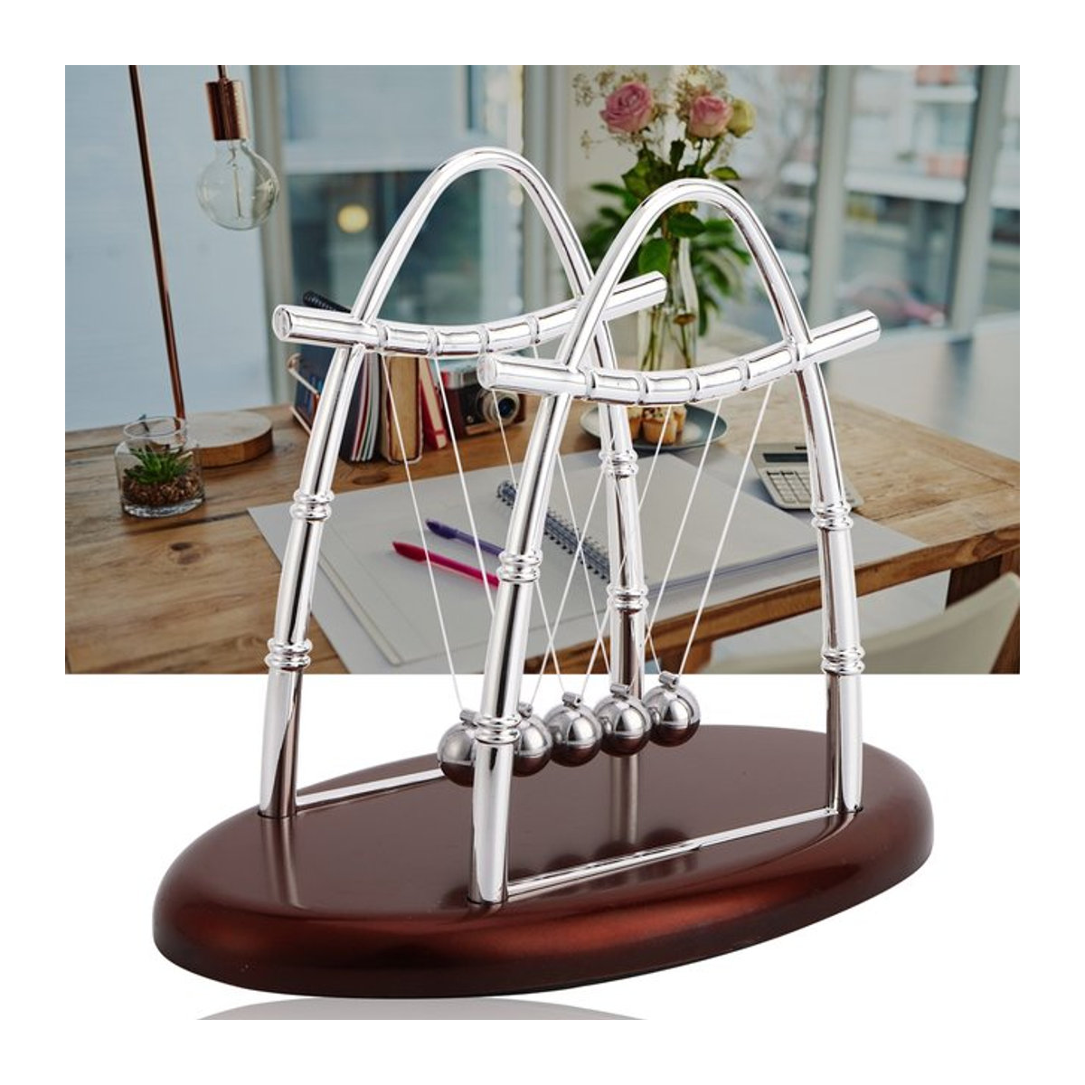 Qiilu Newtons Wiege Physik Pendel aus Metall in Silber als Schreibtisch-Ornament - Bild 1