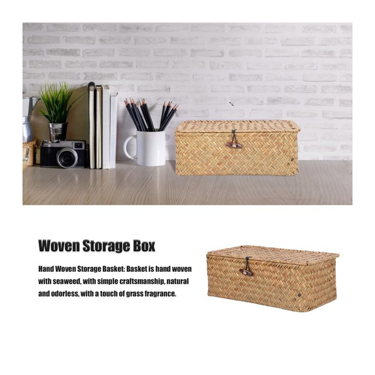 Qiilu Seegras Aufbewahrungskorb rechteckig mit Deckel, beige, skandinavischer Desktop-Organizer - Bild 1