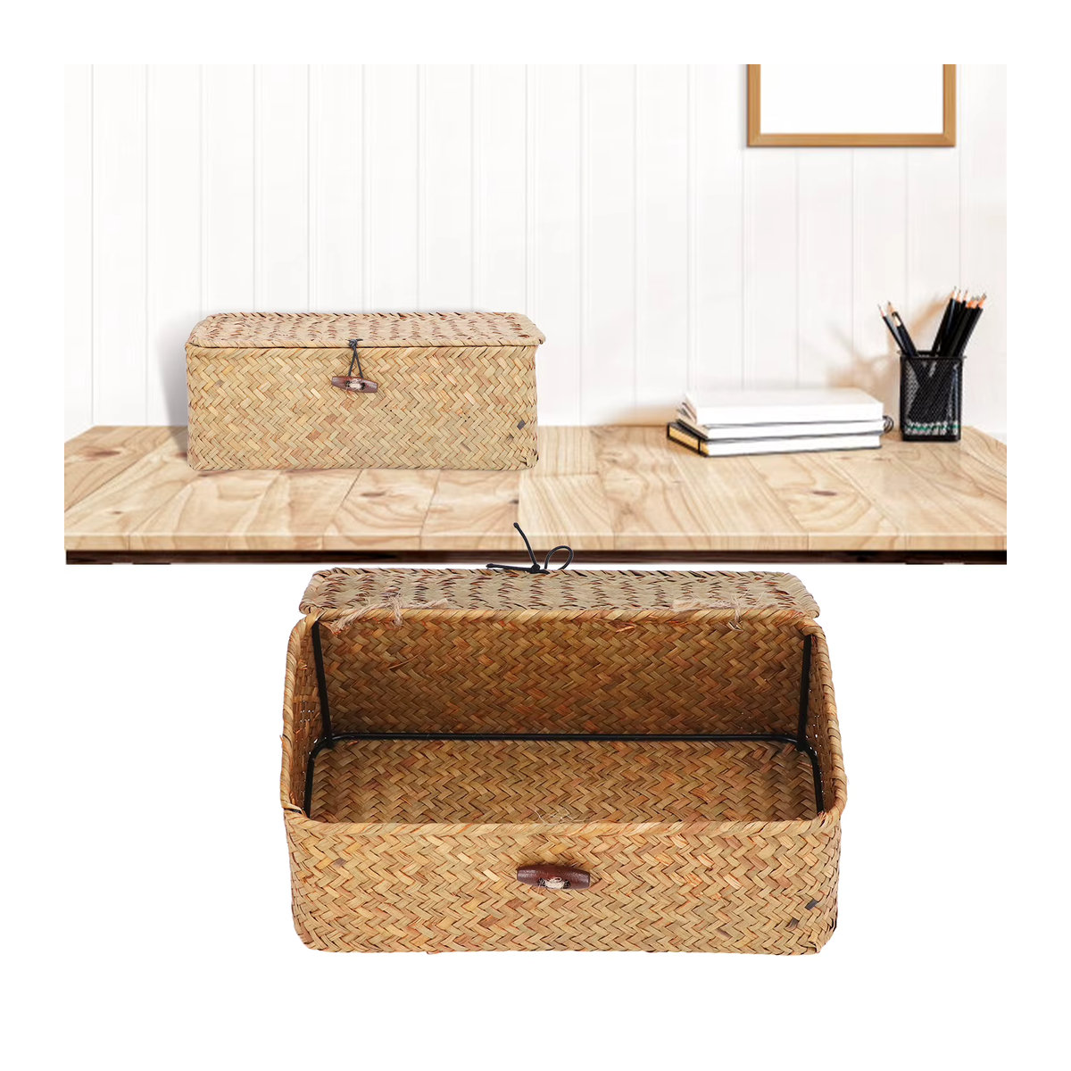 Qiilu Seegras Aufbewahrungskorb rechteckig mit Deckel, beige, skandinavischer Desktop-Organizer - Bild 2