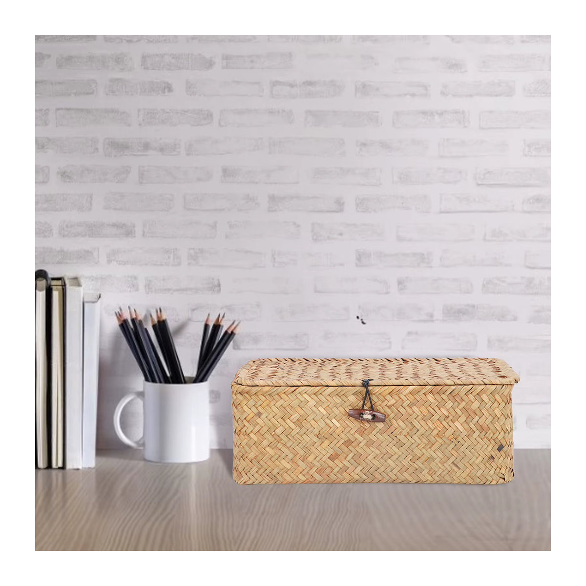 Qiilu Seegras Aufbewahrungskorb rechteckig mit Deckel, beige, skandinavischer Desktop-Organizer - Bild 3