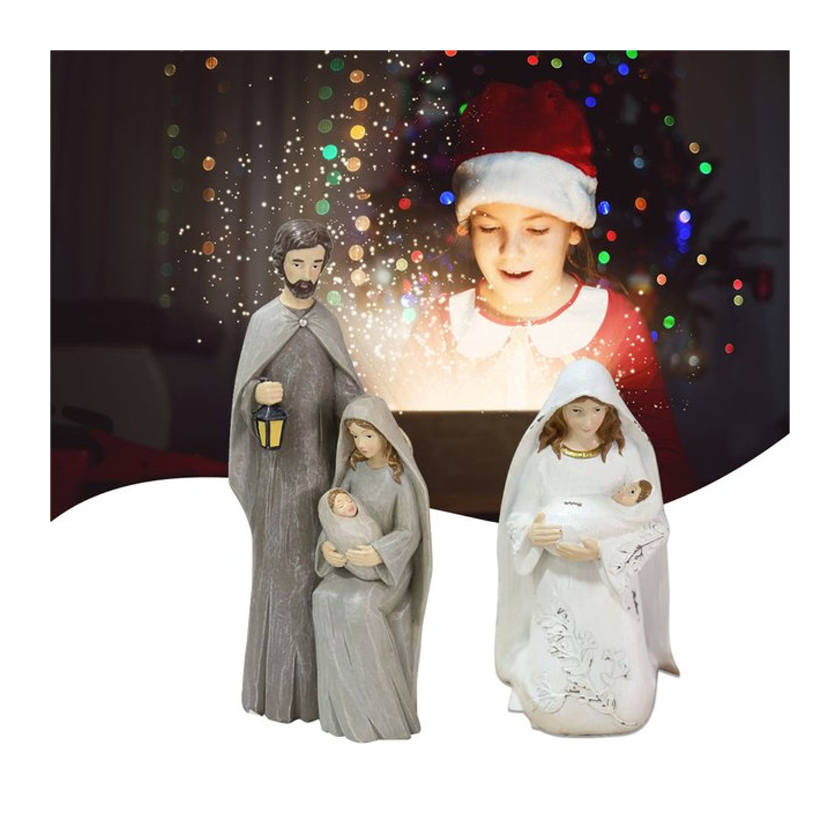 Qiilu Weihnachtskrippe Figuren der Heiligen Familie aus Kunstharz, mehrfarbig - Bild 1