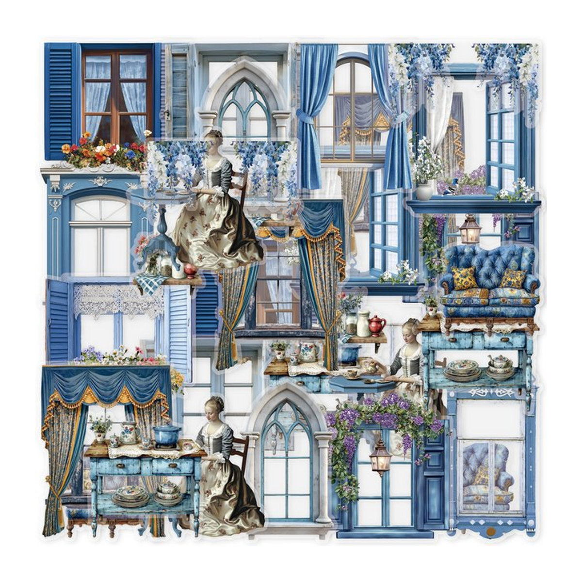 Qiluo Blue Window PET-Aufkleber Set mit 30 Stück, Vintage Floral Design, Unregelmäßige Form für DIY-Dekoration und Bastelarbeiten, Blau - Bild 1