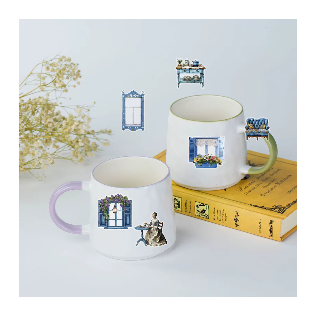 Qiluo Blue Window PET-Aufkleber Set mit 30 Stück, Vintage Floral Design, Unregelmäßige Form für DIY-Dekoration und Bastelarbeiten, Blau - Bild 4