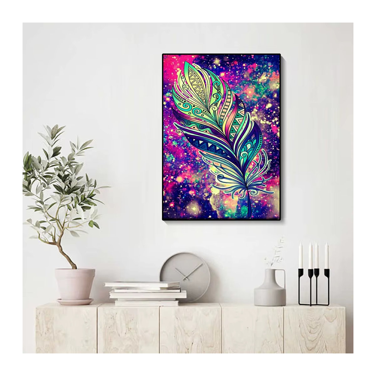 QIZITENG 5D Diamantgemälde nach Zahlen Set mit runden Bohrern und farbigen Federn im Bohemian Abstract Design, mehrfarbig - Bild 2