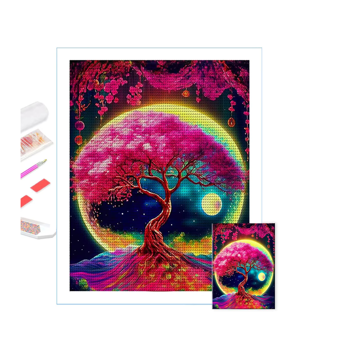 QIZITENG 5D DIY Diamantmalerei Mond und Baum Landschaft als Mosaik-Stickerei in Mehrfarbig zur Wandmontage - Bild 3