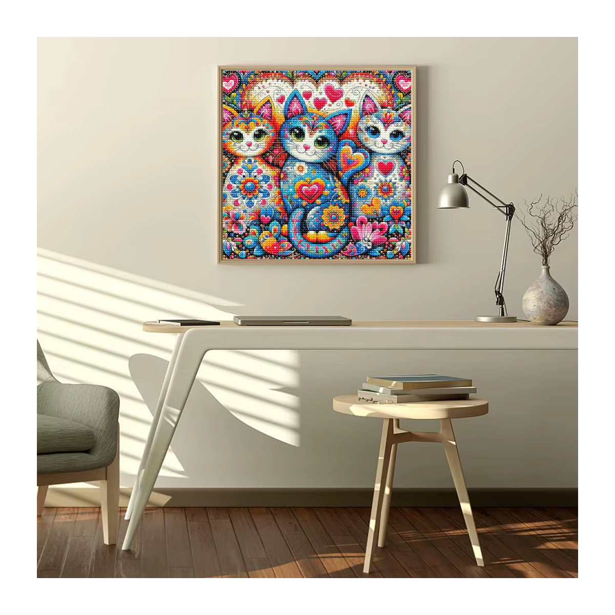 QIZITENG Cat Trio 5D-Diamant-Malerei-Set, mehrfarbiges Acryl-DIY-Kunsthandwerk-Set zur Wanddekoration - Bild 2