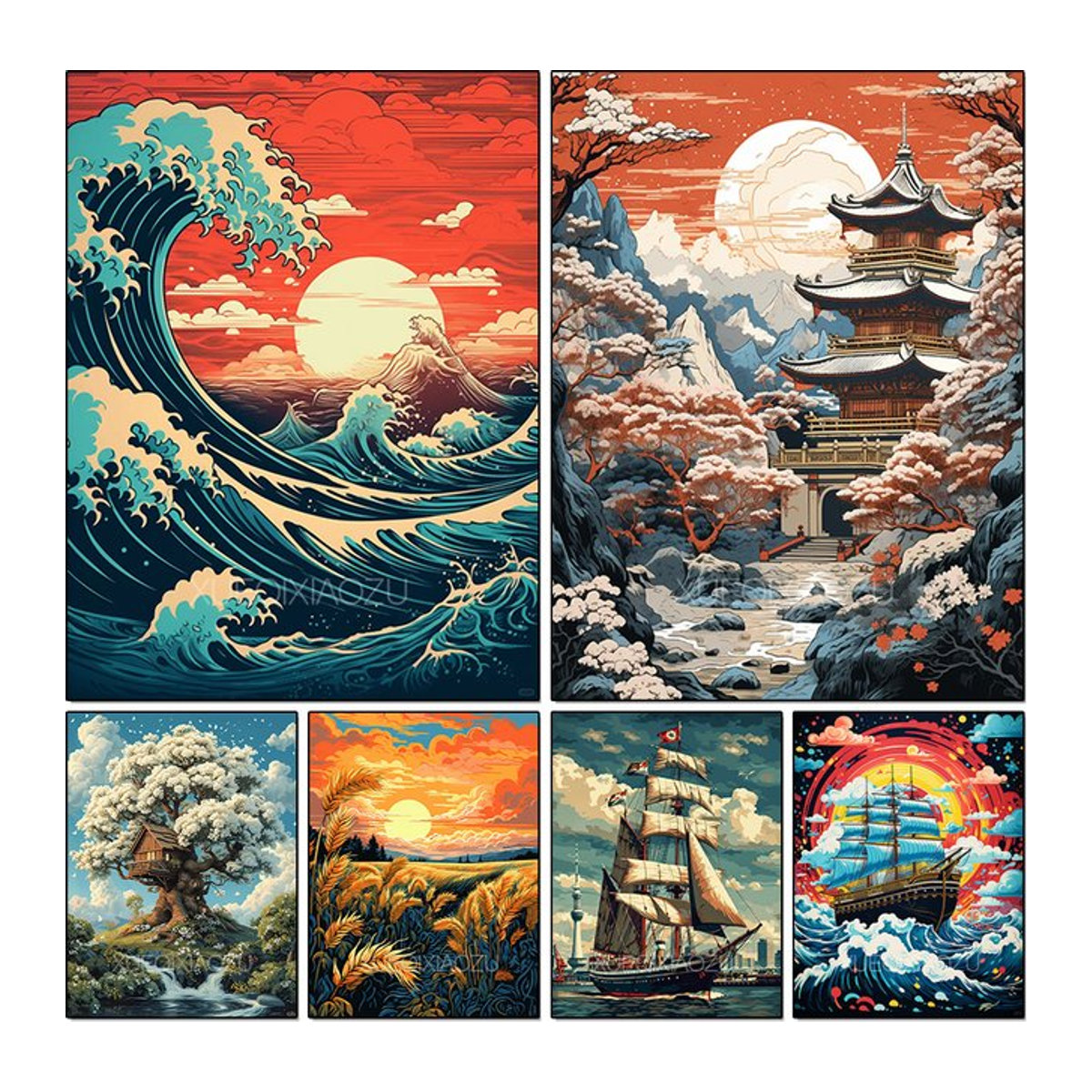 QIZITENG Diamant-Gemälde Segelboot im Sonnenuntergang als mehrfarbiges Mosaik-Kreuzstich-Set zur Wanddekoration - Bild 1