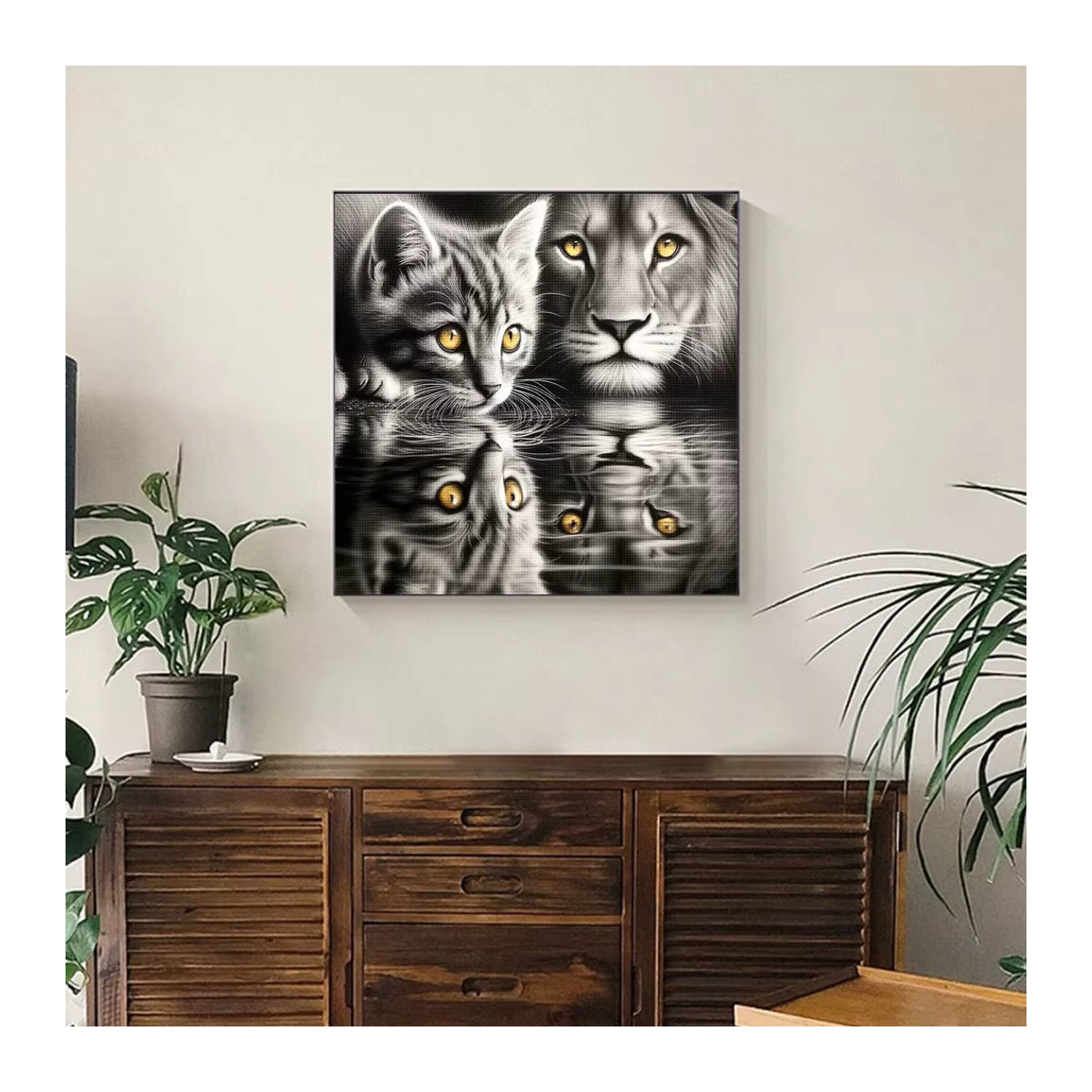 QIZITENG Diamantmalerei Katze und Löwe DIY Mosaik Stickerei in Schwarz-Weiß als moderne Wanddekoration - Bild 2