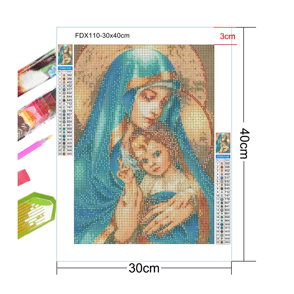 QIZITENG Diamantmalerei Set Madonna Jesus Porträt als DIY Kreuzstich Kunstwerk in Mehrfarbig - Bild 4