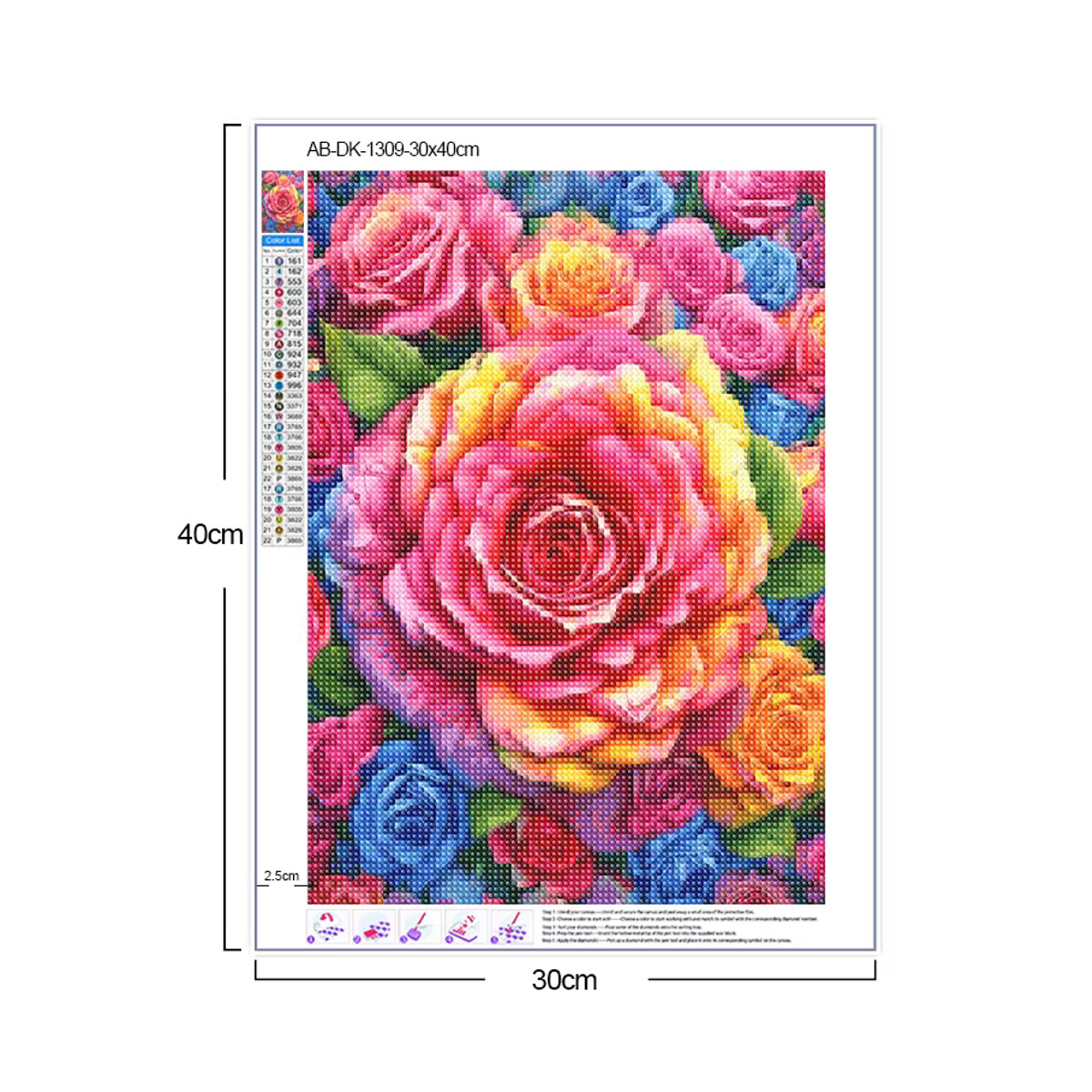 QIZITENG Diamond Painting Rose Blume DIY Mosaik Stickerei mit runden Steinen in Mehrfarbig, B/H: 30 x 30 cm - Bild 3