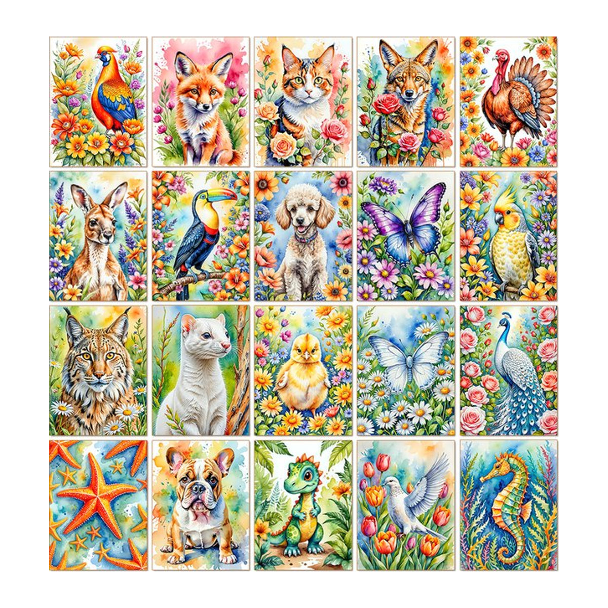QIZITENG Diamond Painting Set Aquarell Tier Blumen Serie mit Dinosaurier und Fuchs als DIY Mosaik Kreuzstich Kit in Mehrfarbig - Bild 1