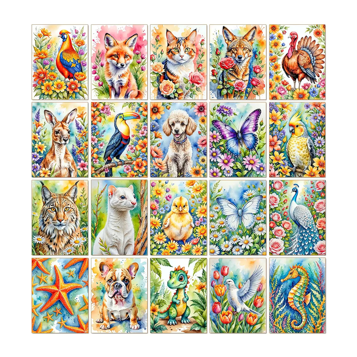 QIZITENG Diamond Painting Set Aquarell Tier Blumen Serie mit Dinosaurier und Fuchs als DIY Mosaik Kreuzstich Kit in Mehrfarbig - Bild 2