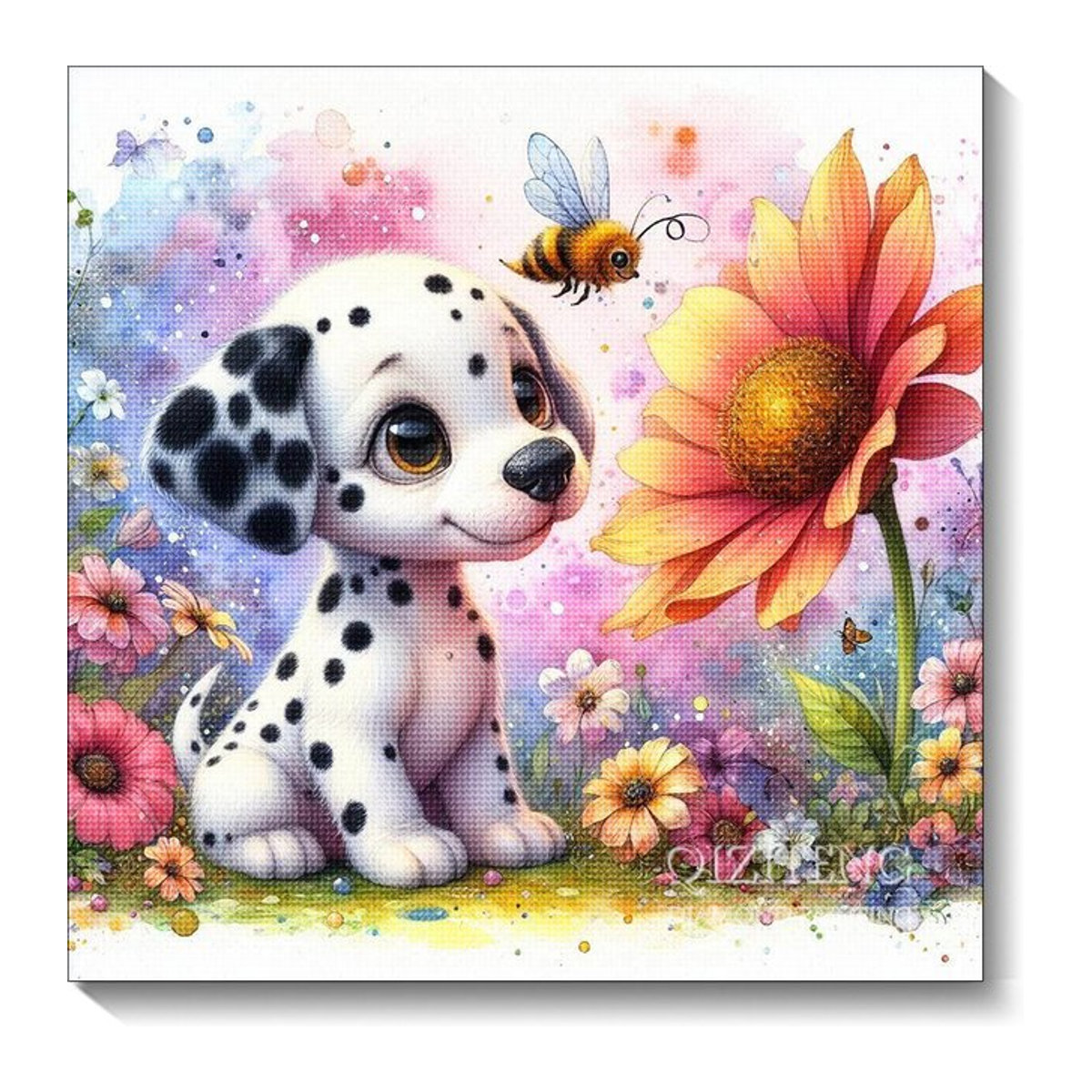 QIZITENG Diamond Painting Set Gefleckter Hund und Blume 5D DIY Mosaik Stickerei Mehrfarbig Wandmontiert - Bild 1