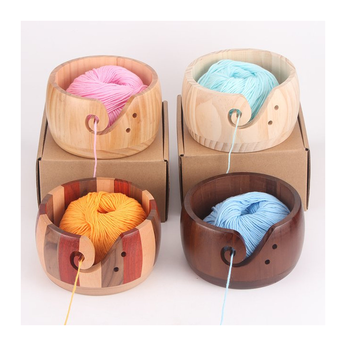 QJH DIY Holz-Garnschale rund, minimalistischer Garn-Organizer und Aufbewahrungsbox für Strickwolle, mehrfarbig - Bild 1