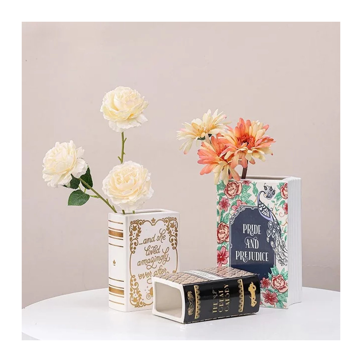 Quadratische Keramikvase in Buchform mit floralem Design, weiße Tischvase für Schnittblumen und Dekoration - Bild 1