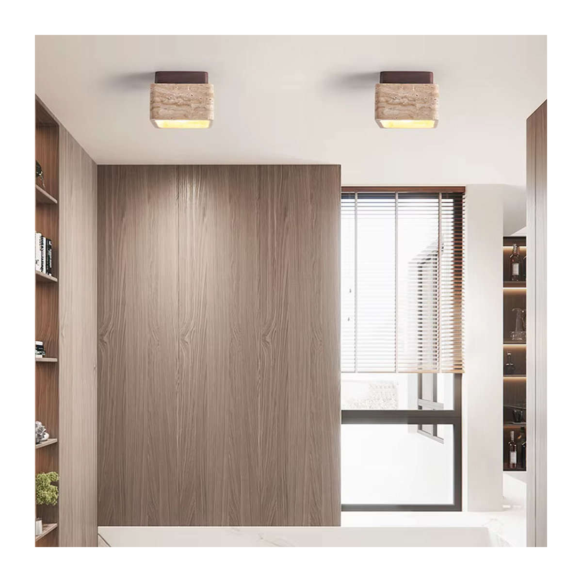 Quadratische Travertin-Deckenlampe von wecus in Beige im minimalistischen Wabi Sabi Design aus Naturstein - Bild 3