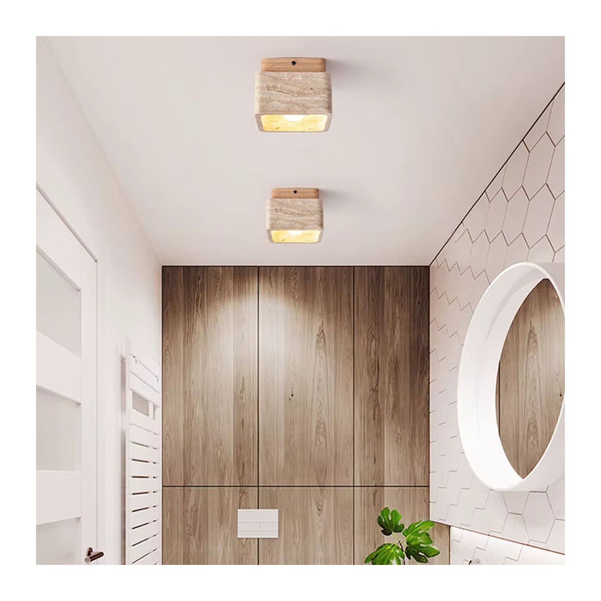 Quadratische Travertin-Deckenlampe von wecus in Beige im minimalistischen Wabi Sabi Design aus Naturstein - Bild 4