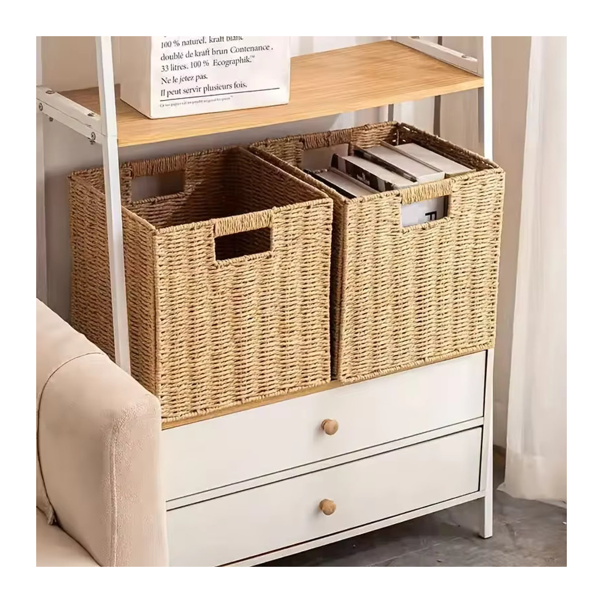 Quadratischer Rattan-Aufbewahrungskorb in Beige als handgefertigter Spielzeug-Organizer und Kleiderschrank-Organizer im skandinavischen Design - Bild 2