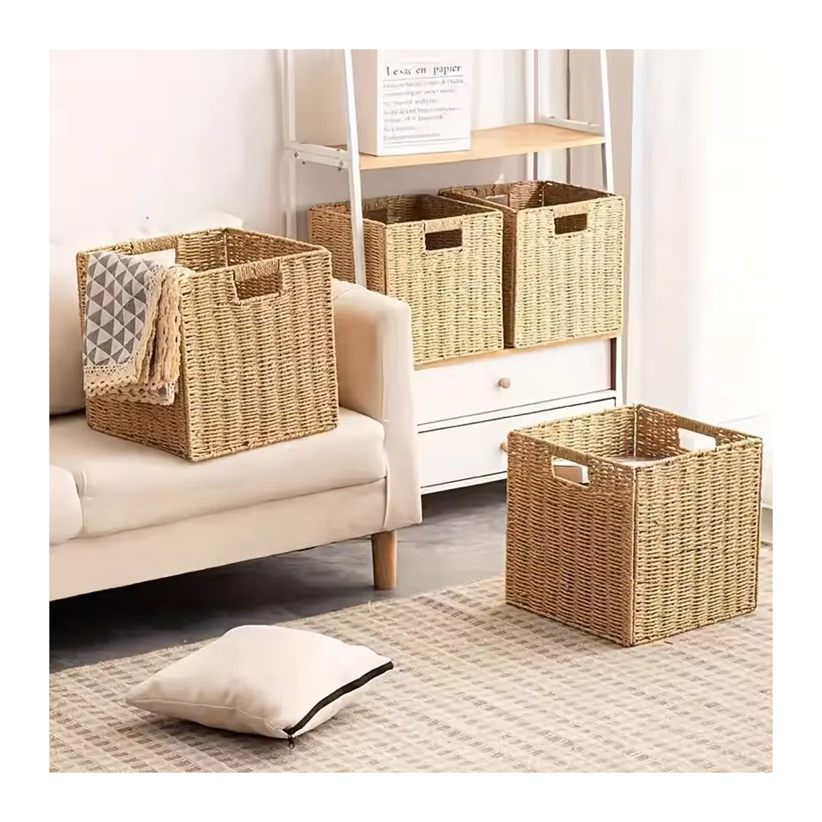 Quadratischer Rattan-Aufbewahrungskorb in Beige als handgefertigter Spielzeug-Organizer und Kleiderschrank-Organizer im skandinavischen Design - Bild 3