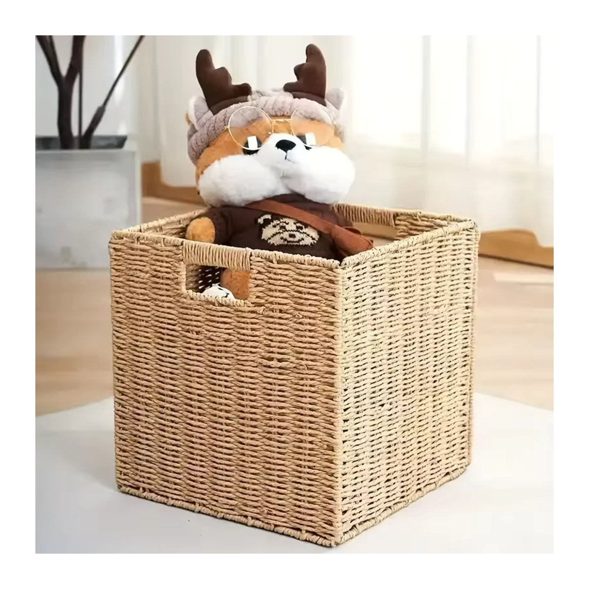 Quadratischer Rattan-Aufbewahrungskorb in Beige als handgefertigter Spielzeug-Organizer und Kleiderschrank-Organizer im skandinavischen Design - Bild 6