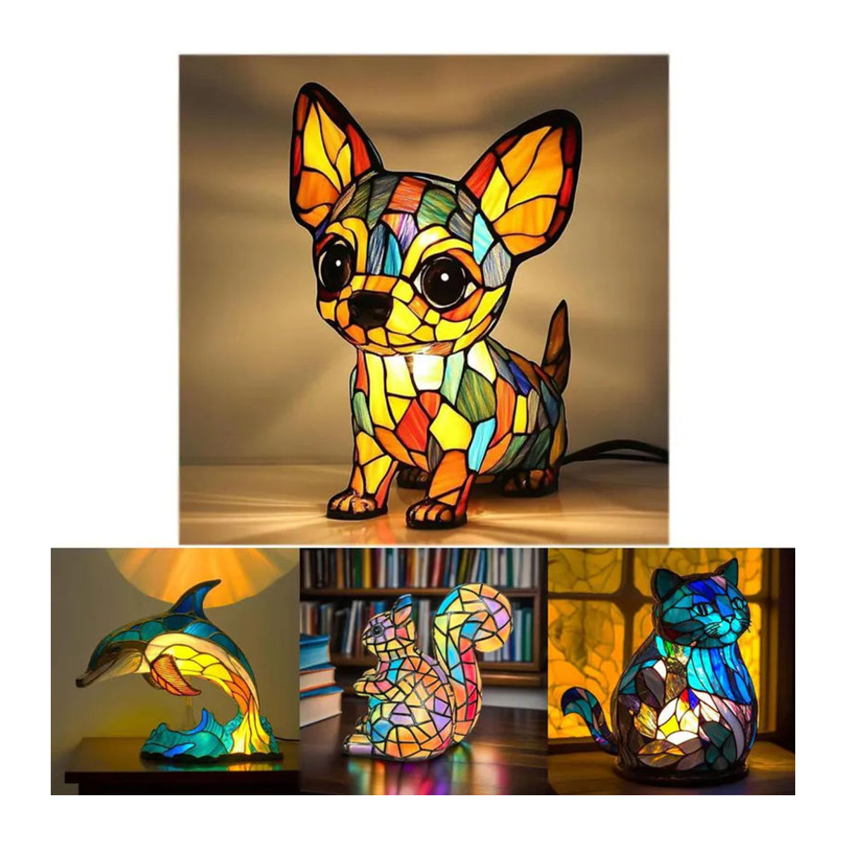 QuillQuest LED Nachtlicht Ornament aus Kunstharz in Bunt mit Tierfiguren wie Panda, Delfin, Löwe, Leopard oder Hund - Bild 1