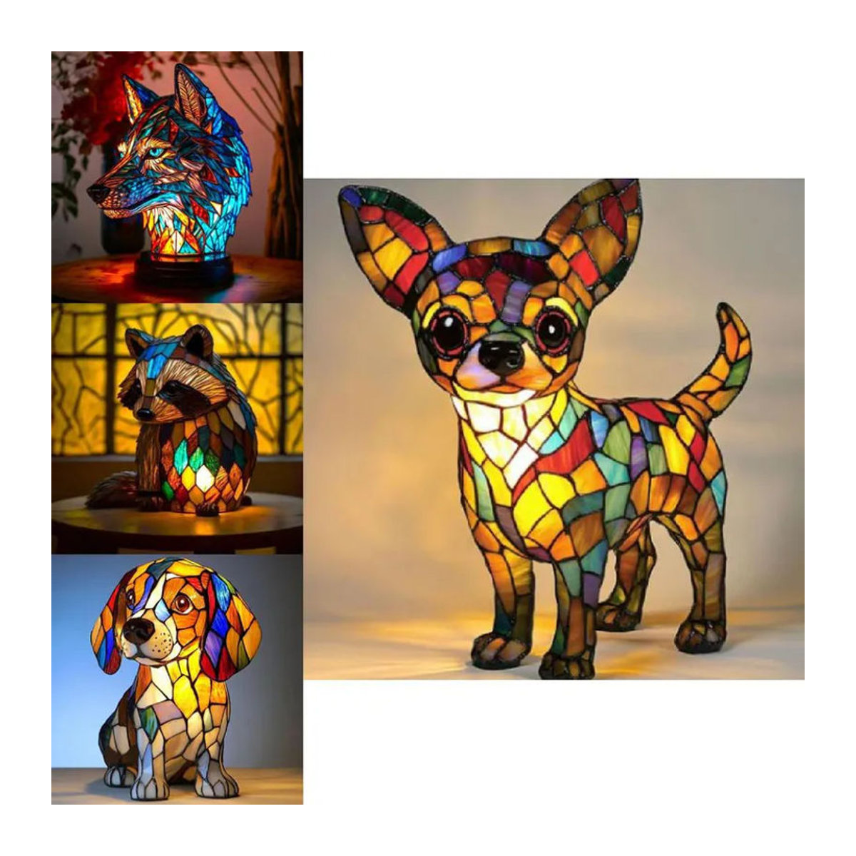 QuillQuest LED Nachtlicht Ornament aus Kunstharz in Bunt mit Tierfiguren wie Panda, Delfin, Löwe, Leopard oder Hund - Bild 2