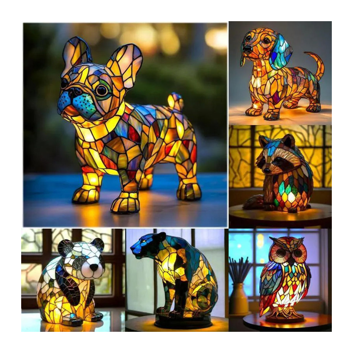 QuillQuest LED Nachtlicht Ornament aus Kunstharz in Bunt mit Tierfiguren wie Panda, Löwe oder Hund als dekorative Nachttischlampe - Bild 2