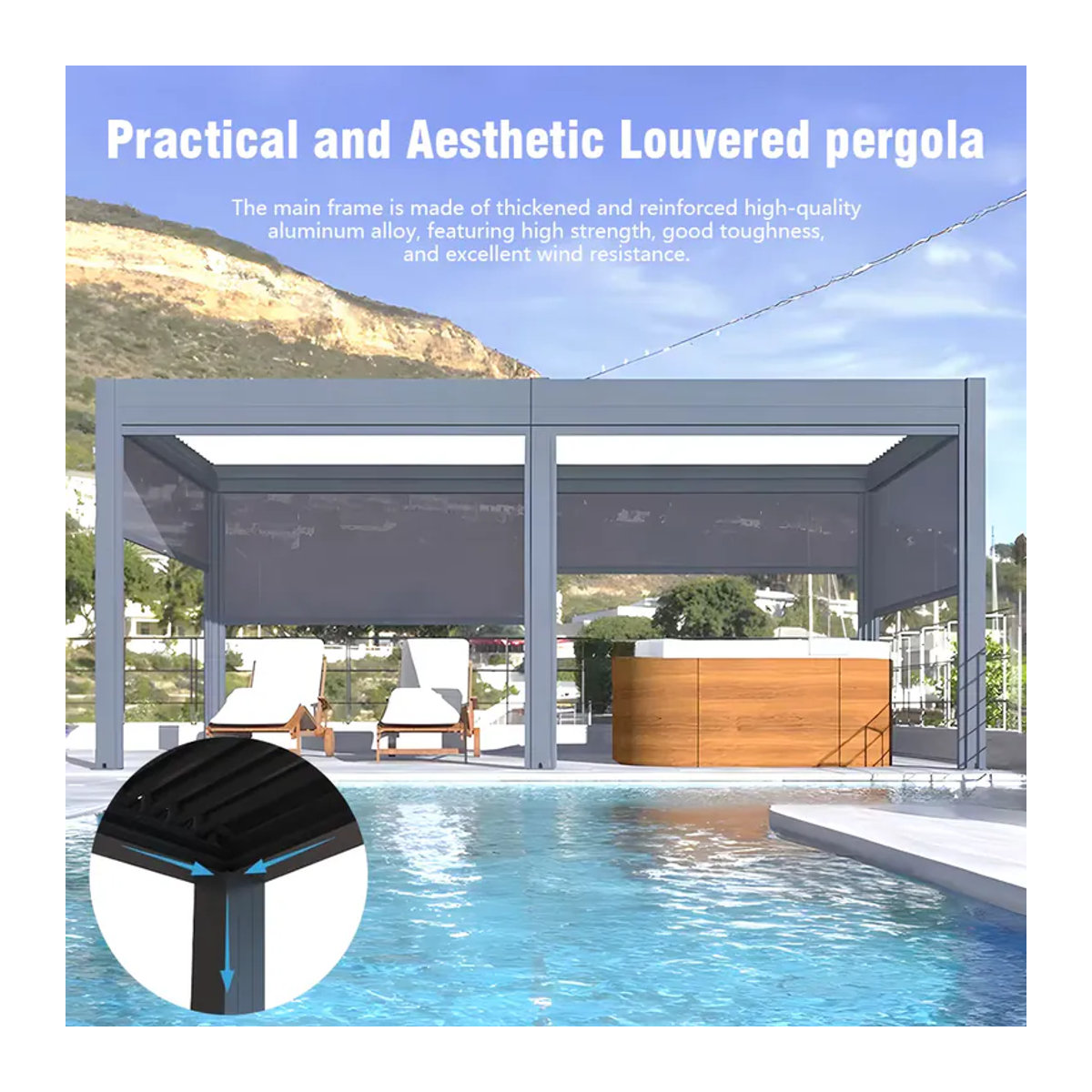 QWC Motorisierte Aluminium-Pergola mit pulverbeschichtetem, einziehbarem Lamellendach als wasserdichter und bioklimatischer Terrassenschutz und Gartenpavillon - Bild 3