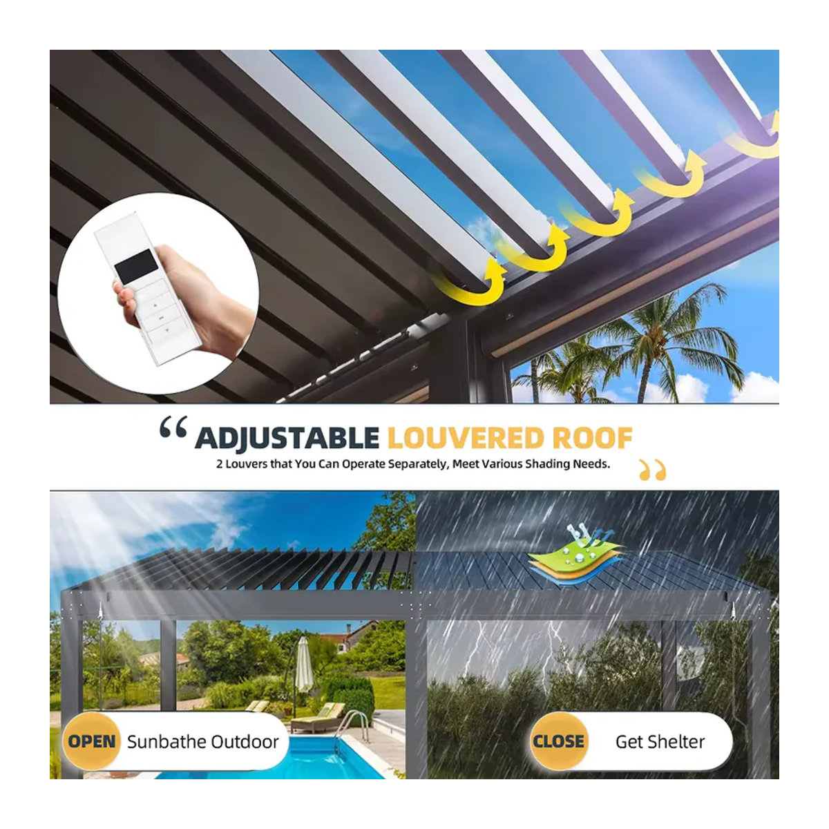 QWC Motorisierte Aluminium-Pergola mit pulverbeschichtetem, einziehbarem Lamellendach als wasserdichter und bioklimatischer Terrassenschutz und Gartenpavillon - Bild 4