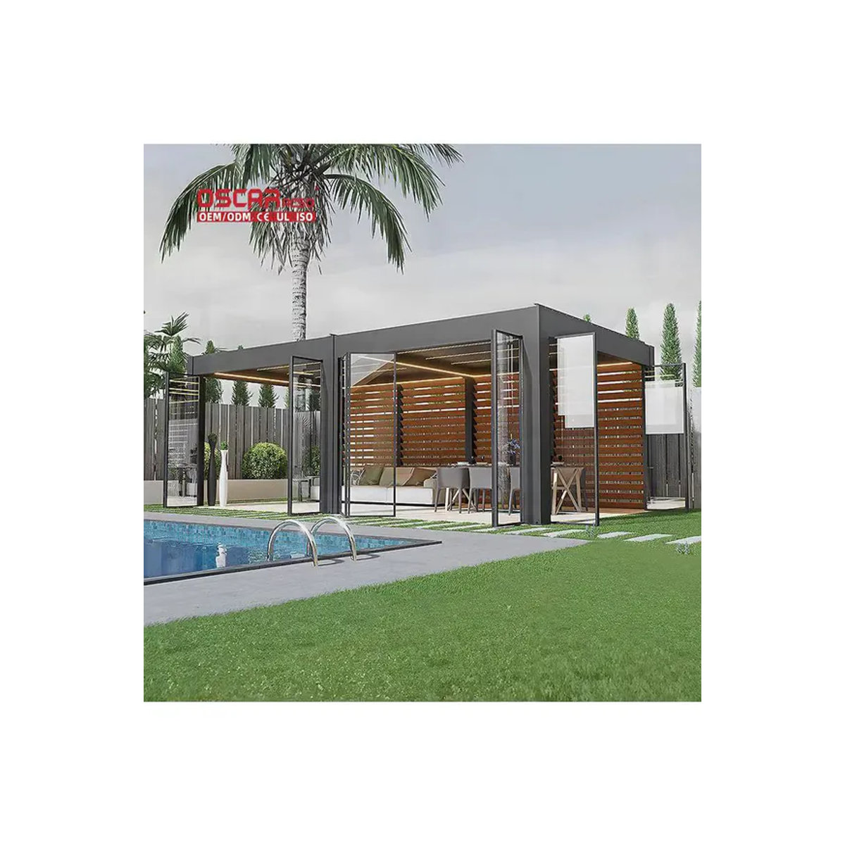 QWC Motorisierte Aluminium-Pergola mit pulverbeschichtetem, einziehbarem Lamellendach als wasserdichter und bioklimatischer Terrassenschutz und Gartenpavillon - Bild 5