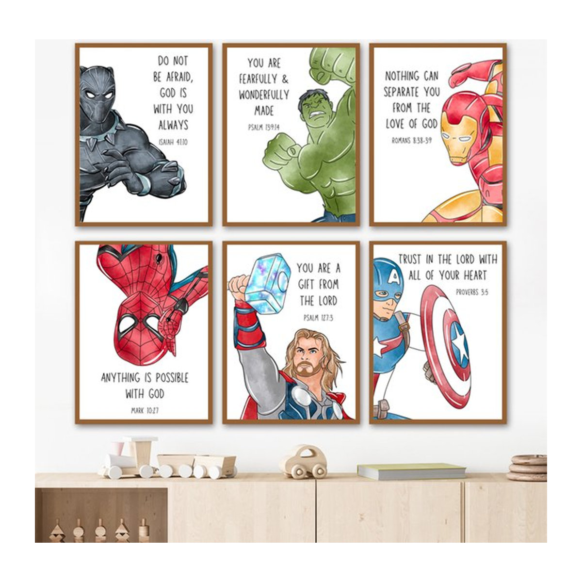 Rahmenloses Leinwandgemälde von KAYOU mit Superhelden und Bibelversen, mehrfarbiger Kunstdruck im Hochformat für Kinder - Bild 1