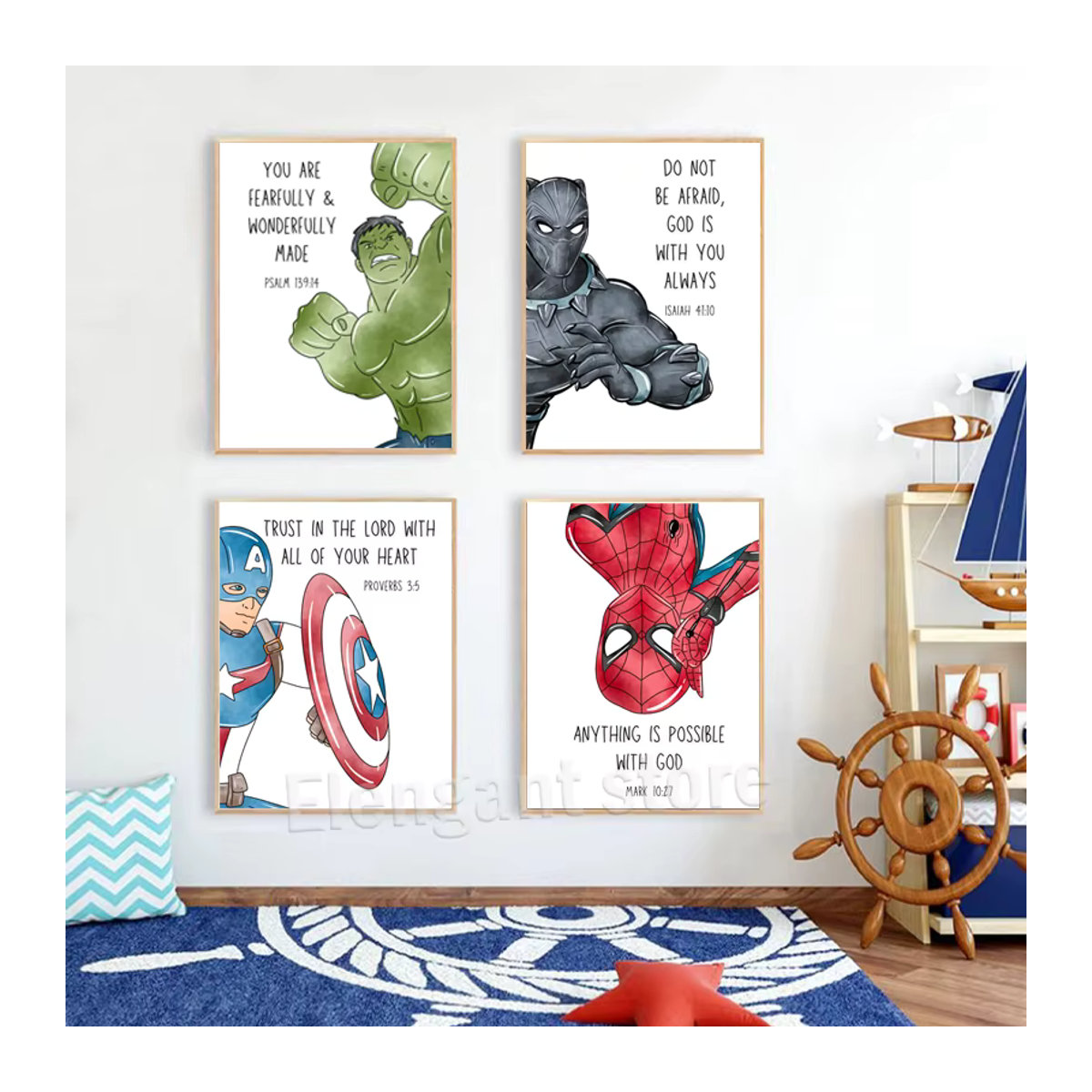 Rahmenloses Leinwandgemälde von KAYOU mit Superhelden und Bibelversen, mehrfarbiger Kunstdruck im Hochformat für Kinder - Bild 2