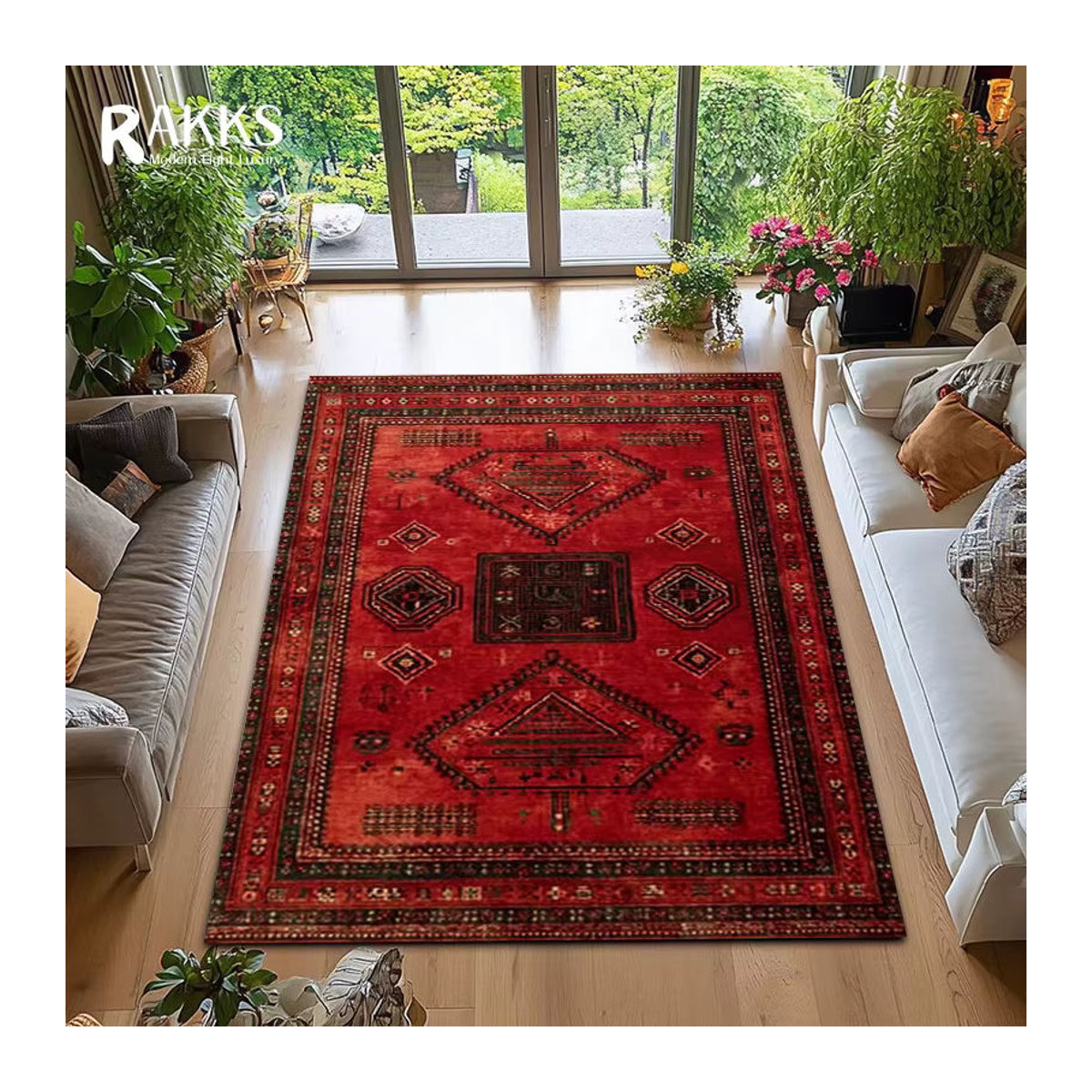 RAKKS Retro Perserteppich in Rot, rutschfester türkischer Teppich für Wohnzimmer und Schlafzimmer - Bild 3