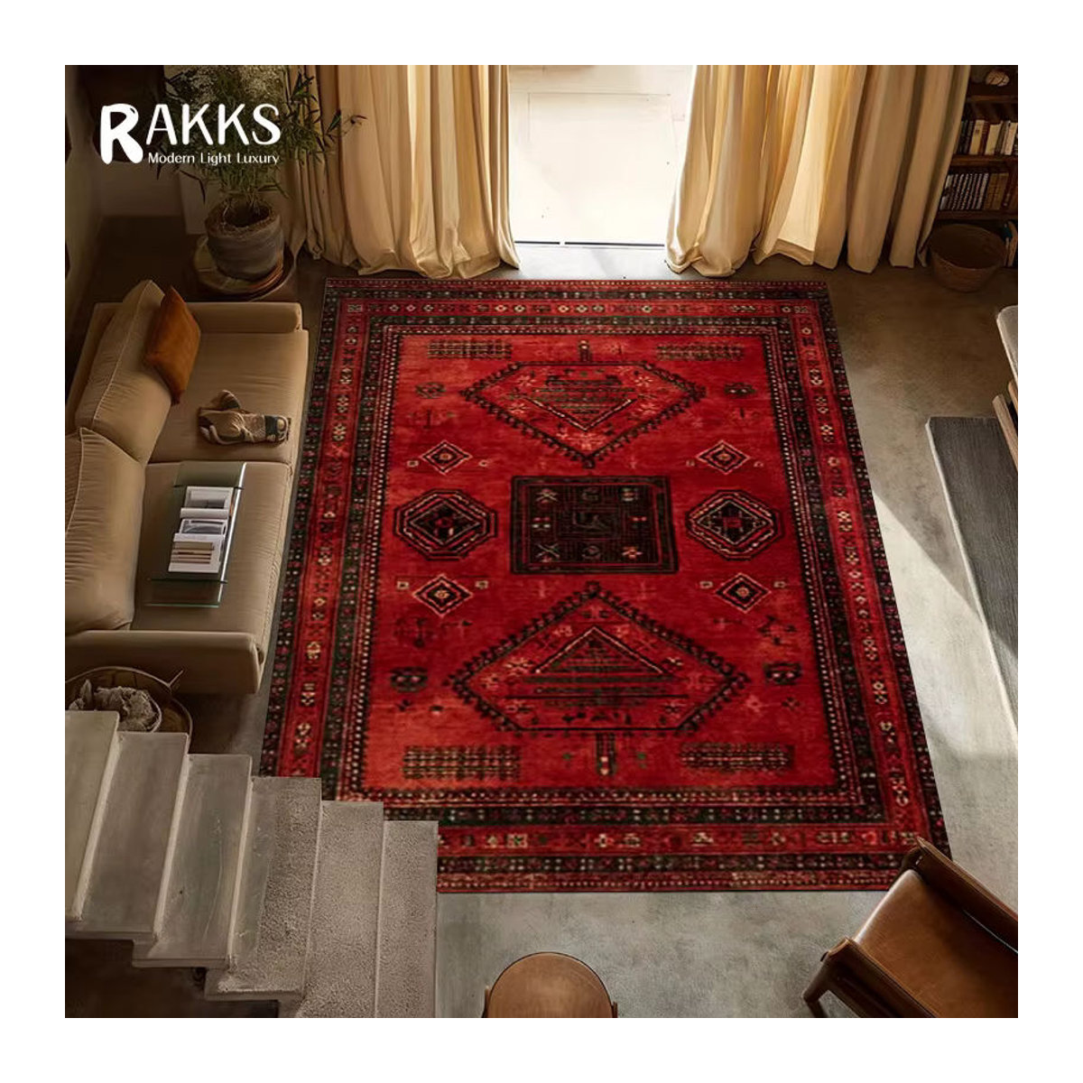 RAKKS Retro Perserteppich in Rot, rutschfester türkischer Teppich für Wohnzimmer und Schlafzimmer - Bild 5