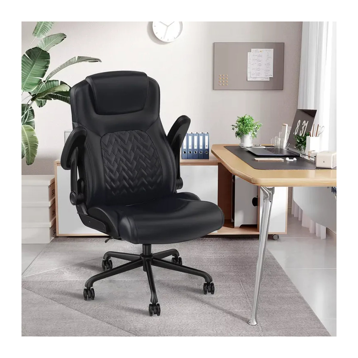 Ralex Ergonomischer Bürostuhl aus PU-Leder in Schwarz mit Lordosenstütze und hochklappbaren Armlehnen - Bild 2