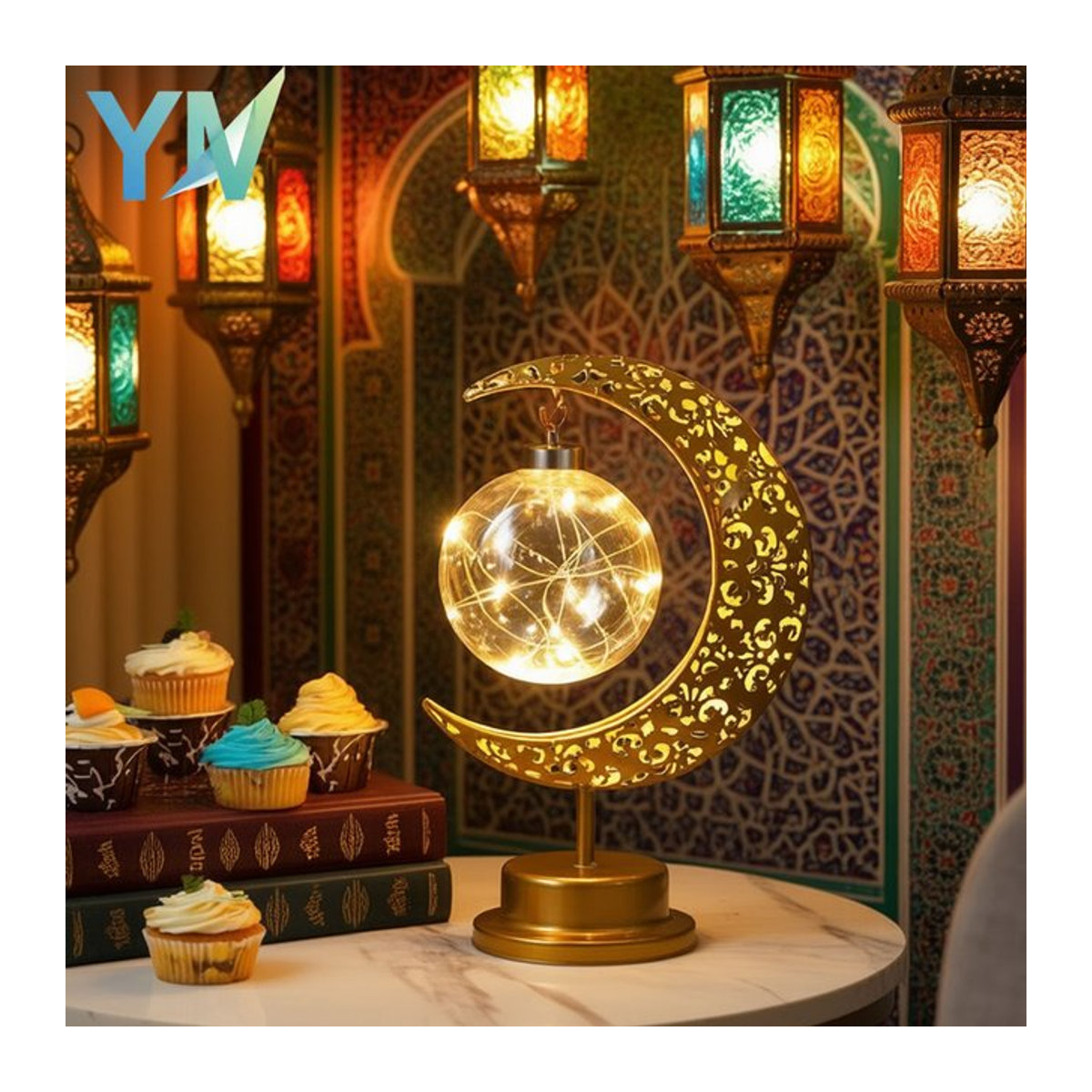 Ramadan LED Nachtlicht aus Eisen mit rotierendem Mond und Sternen in Gelb zur Dekoration für dein Zuhause - Bild 1