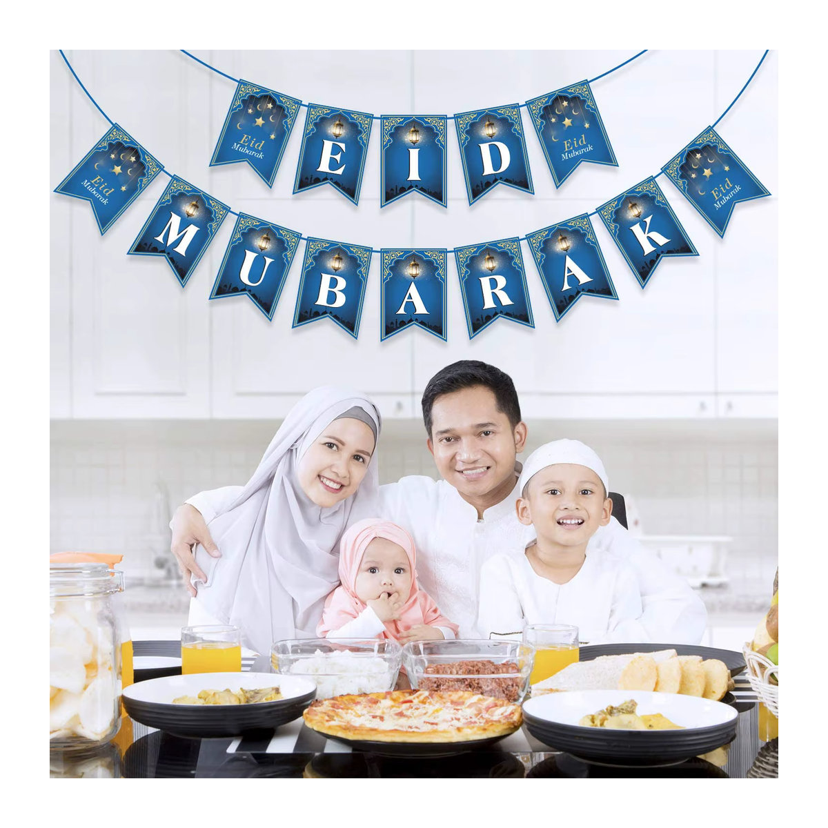 Ramadan Mubarak Banner Wimpelkette mit Mond und Laternen in Blau für deine Eid Mubarak Feier als orientalische Wanddekoration aus Papier - Bild 1