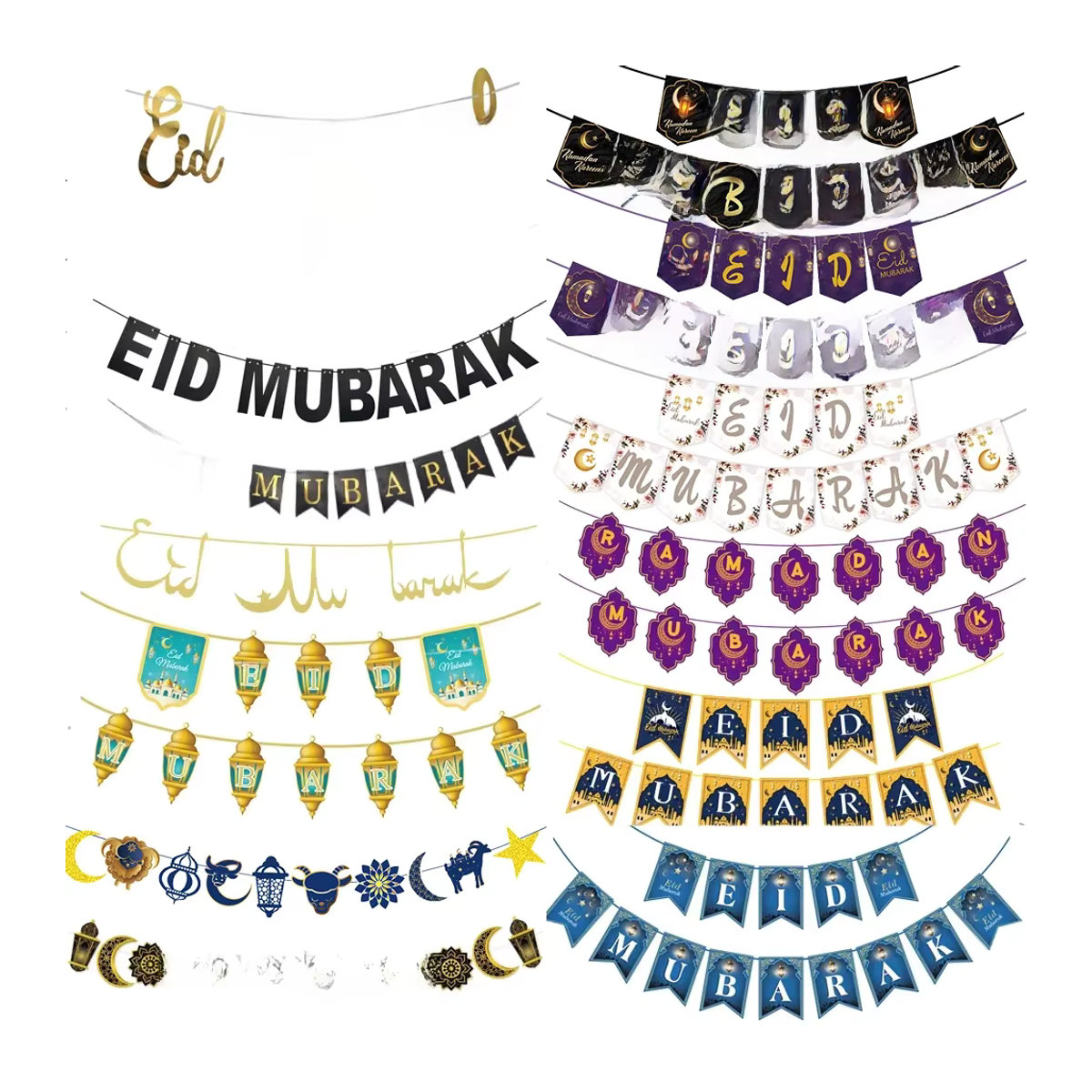 Ramadan Mubarak Banner Wimpelkette mit Mond und Laternen in Blau für deine Eid Mubarak Feier als orientalische Wanddekoration aus Papier - Bild 3