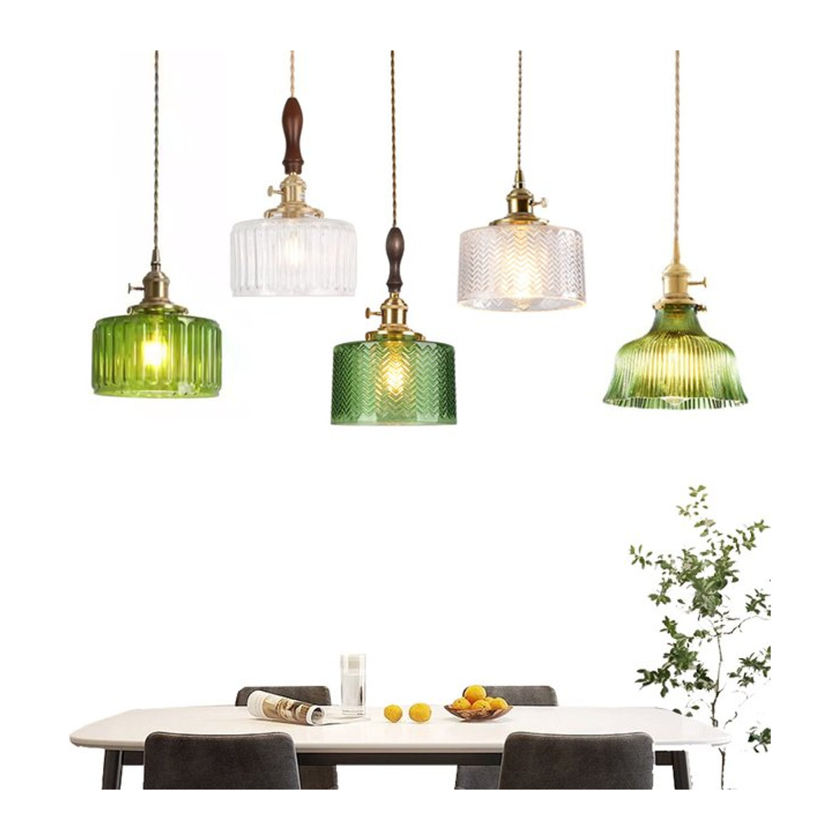 Ramalho Retro Glas Kronleuchter mit grünen Streifen und E27 Fassung als Hängelampe für Esszimmer, Küche oder Café - Bild 1