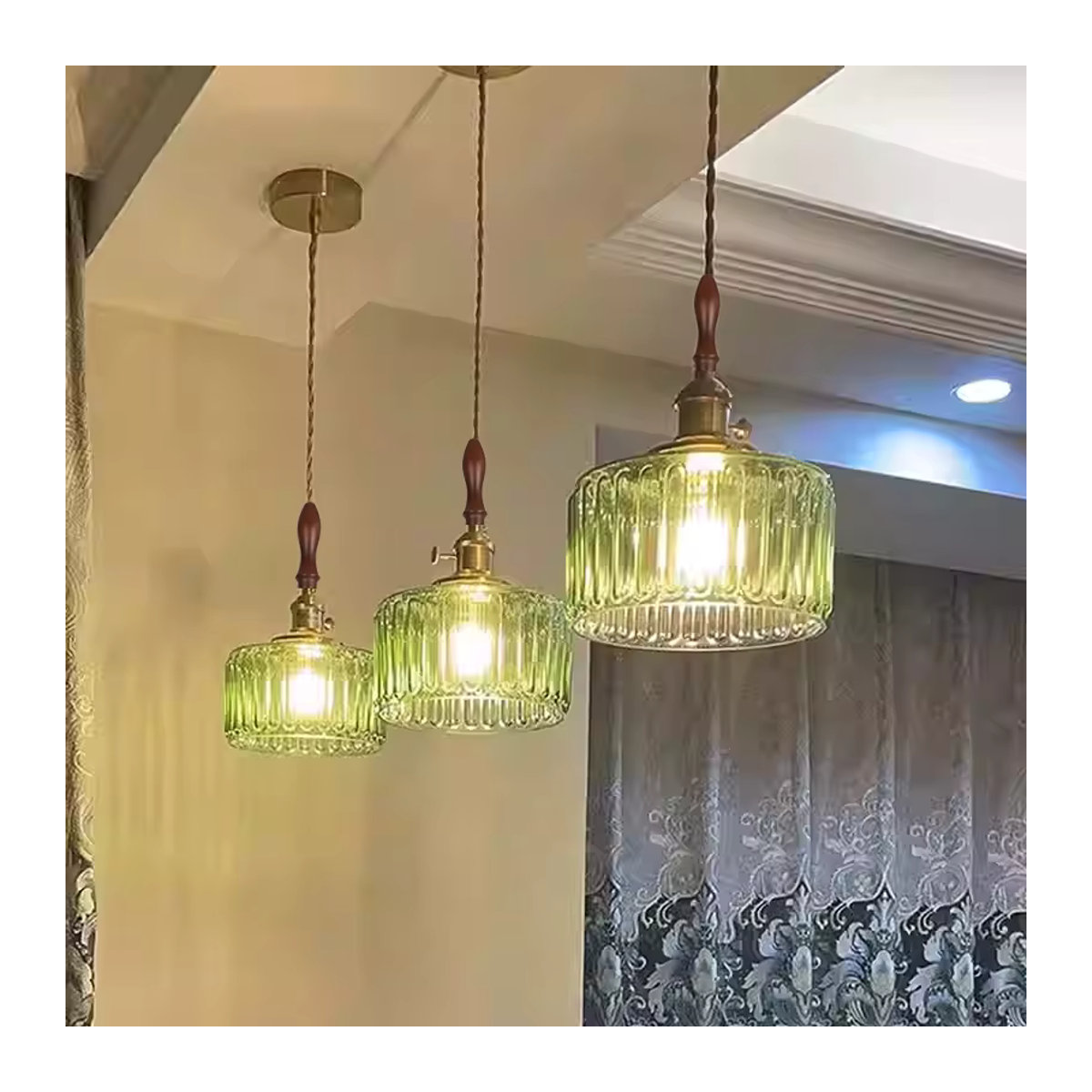 Ramalho Retro Glas Kronleuchter mit grünen Streifen und E27 Fassung als Hängelampe für Esszimmer, Küche oder Café - Bild 3