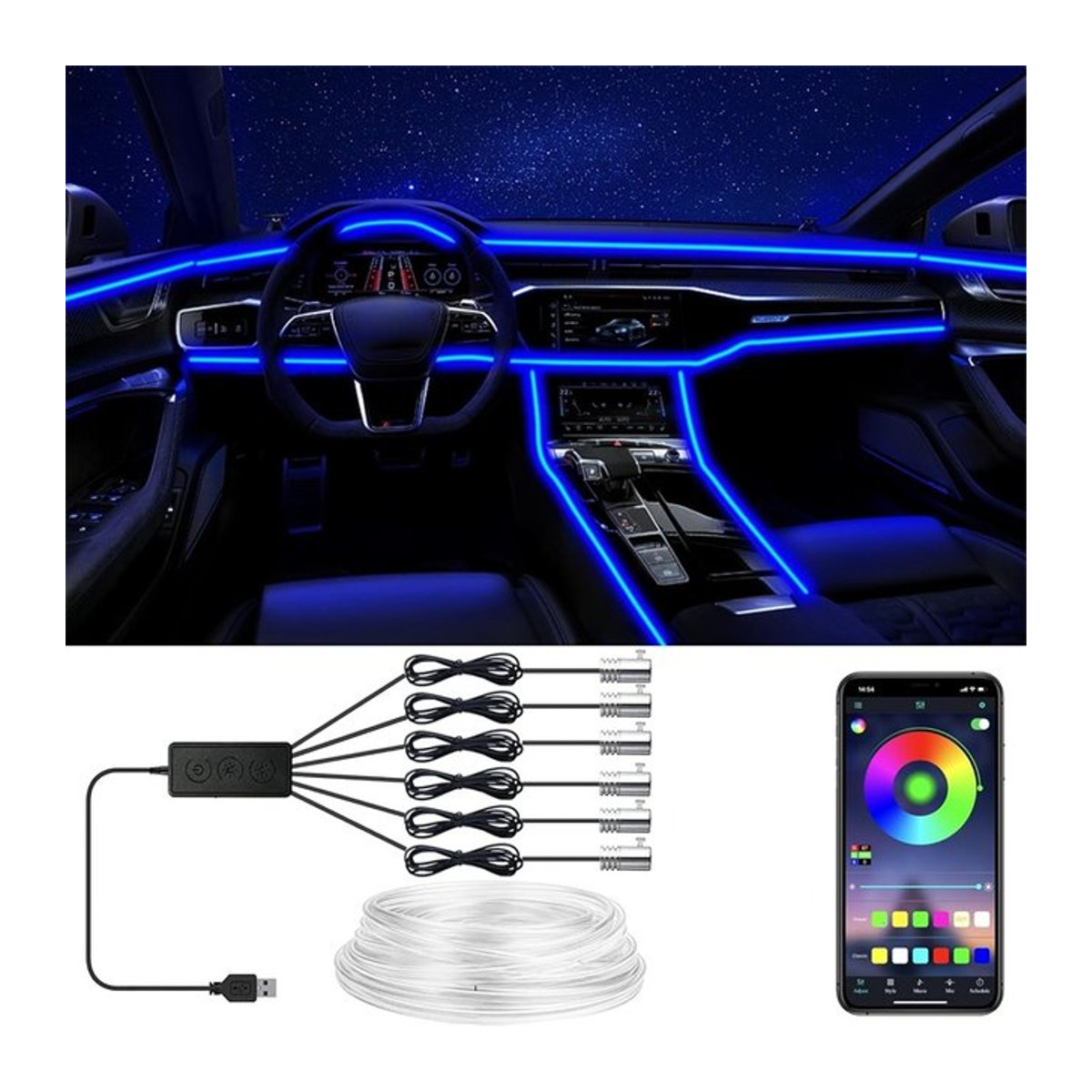 RAN COLOR RGB LED-Streifen für die Auto-Innenraumbeleuchtung mit App-Steuerung, bunt, 12 V - Bild 1