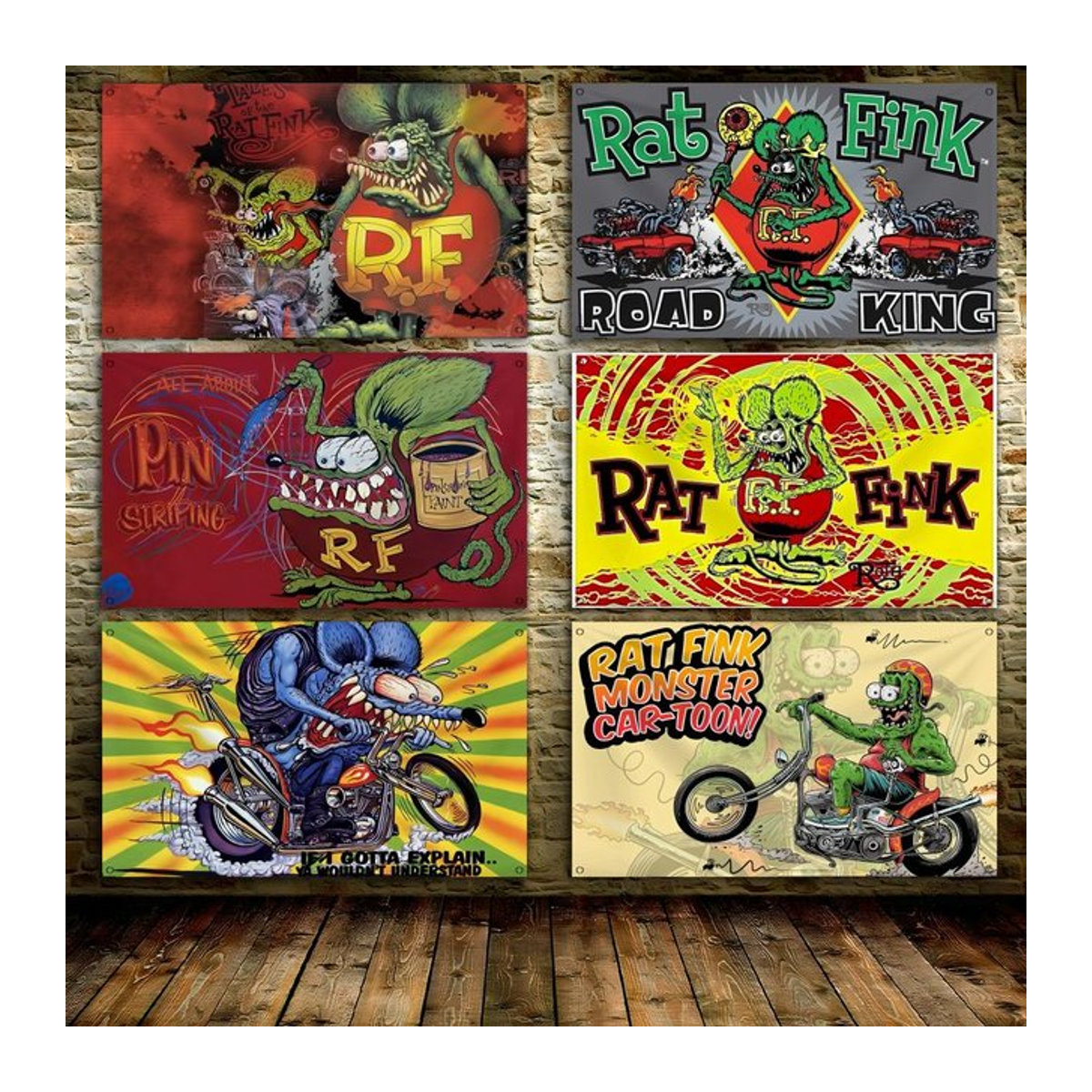 Rat F-Fink Choppers Flagge Wandbehang als ästhetisches Kunstbanner in Schwarz und Mehrfarbig, Textil, B x H: 120 x 120 cm - Bild 1
