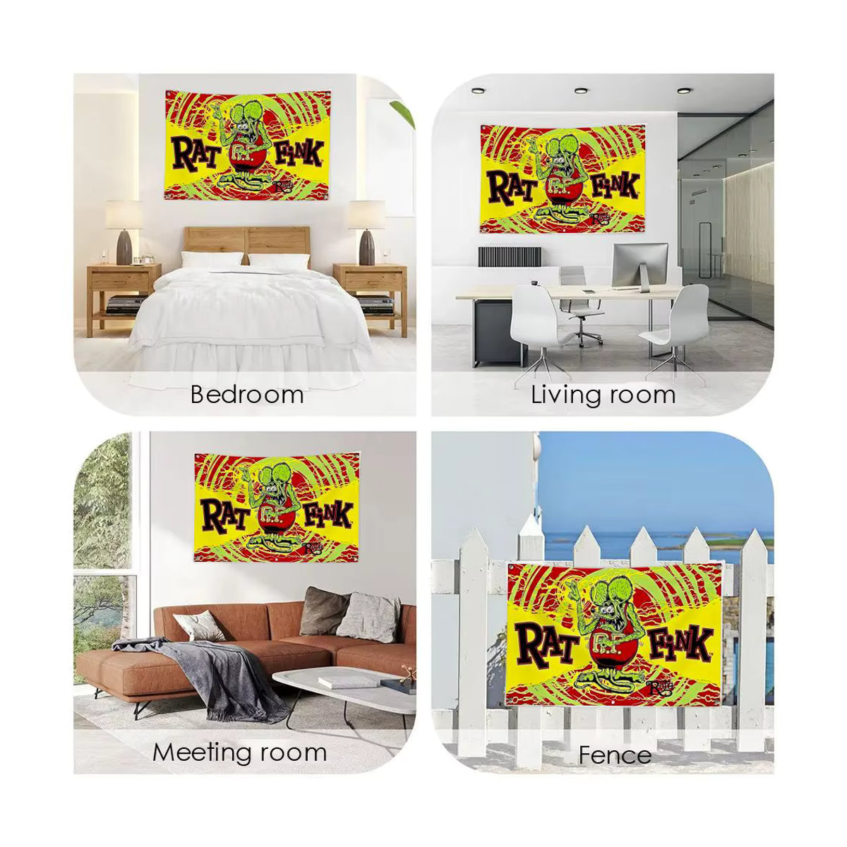 Rat F-Fink Choppers Flagge Wandbehang als ästhetisches Kunstbanner in Schwarz und Mehrfarbig, Textil, B x H: 120 x 120 cm - Bild 4