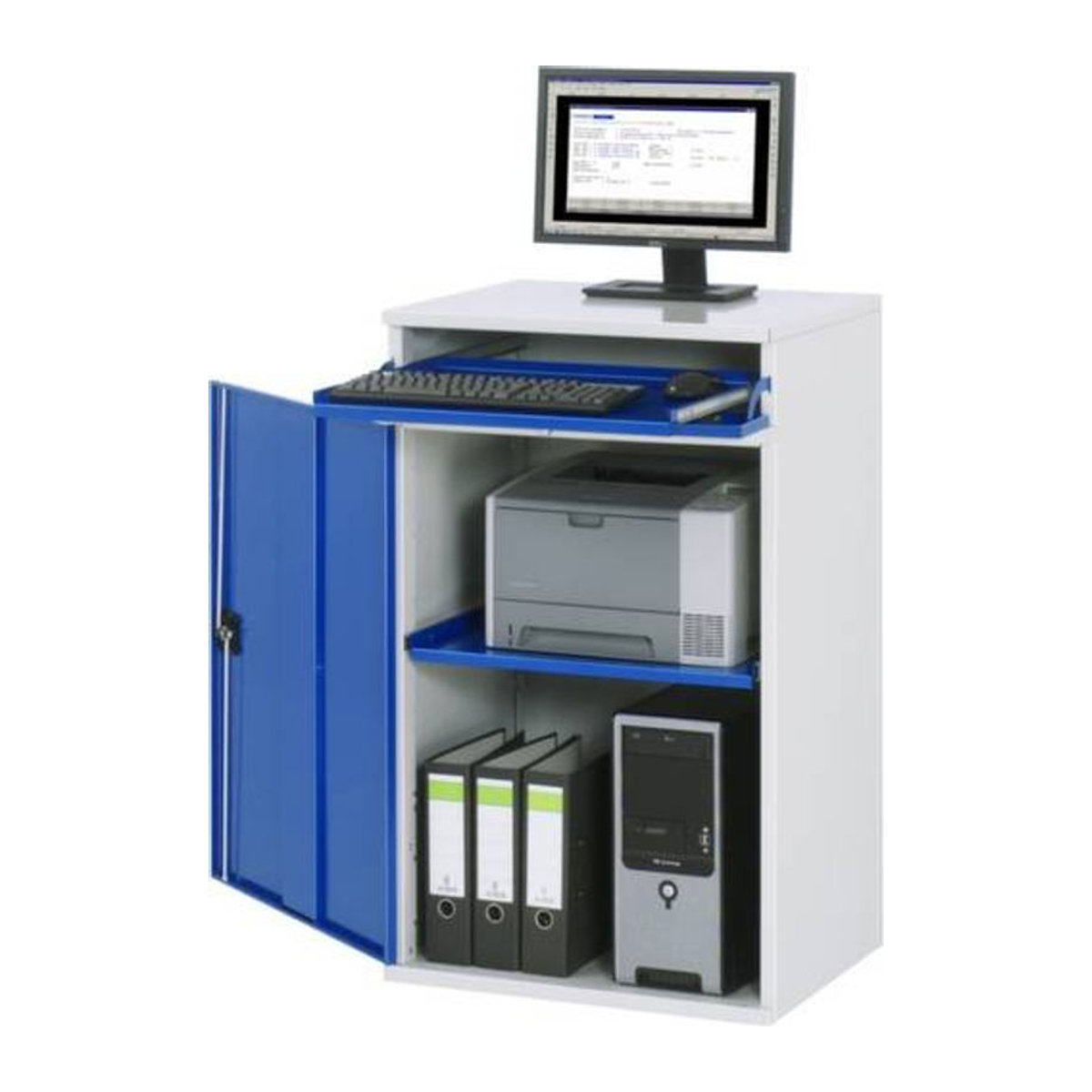 RAU Computer-Arbeitsstation mit ausziehbarem Ablagefach, Lichtgrau und Enzian-Blau, Stahl, B: 65 cm, H: 106 cm, T: 52 cm - Bild 1